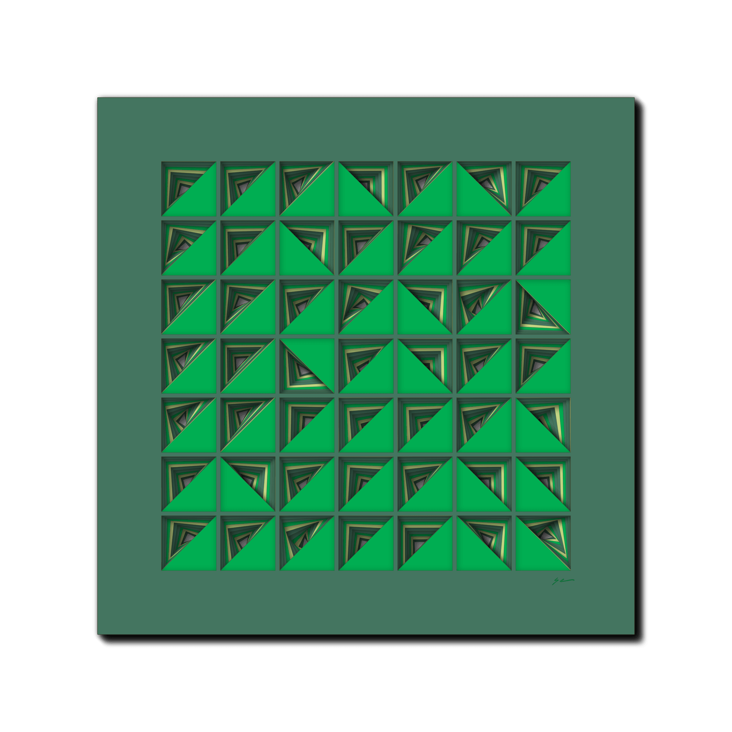 Emerald Prism Parade, laser-cut layered paper wall sculpture by Shawn Kemp, 16x16 in