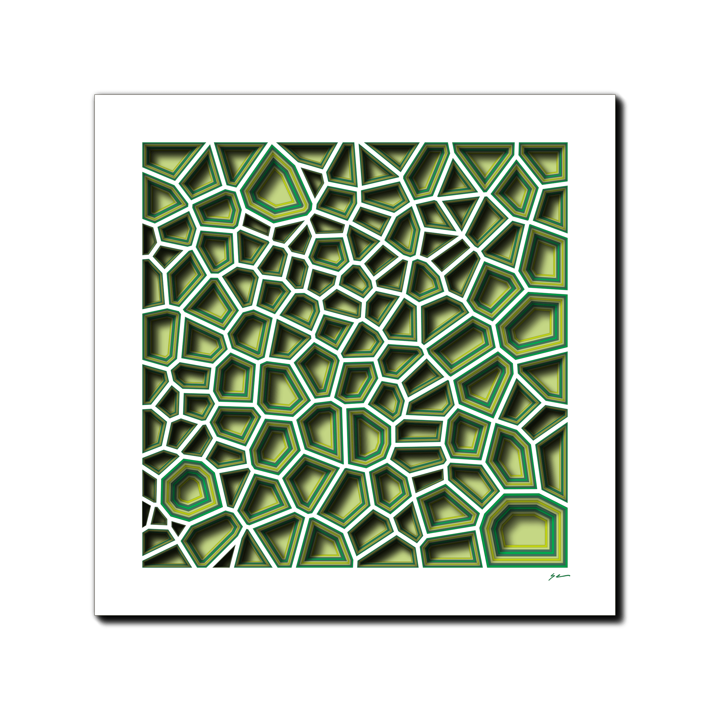 Verdant Cell Mosaic, laser-cut layered paper wall sculpture by Shawn Kemp, 16x16 in