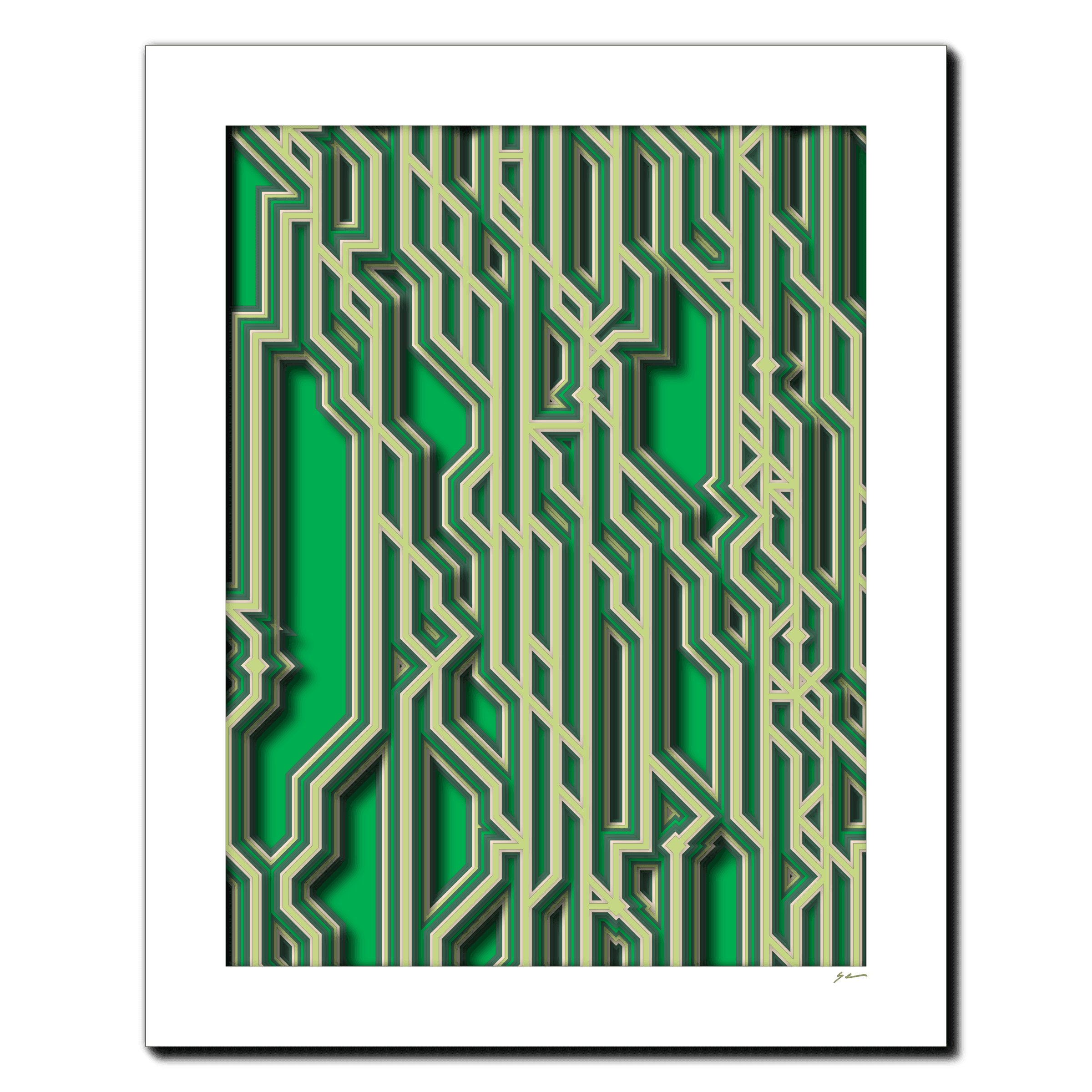 Emerald Circuitry Lattice, laser-cut layered paper wall sculpture by Shawn Kemp, 16x20 in