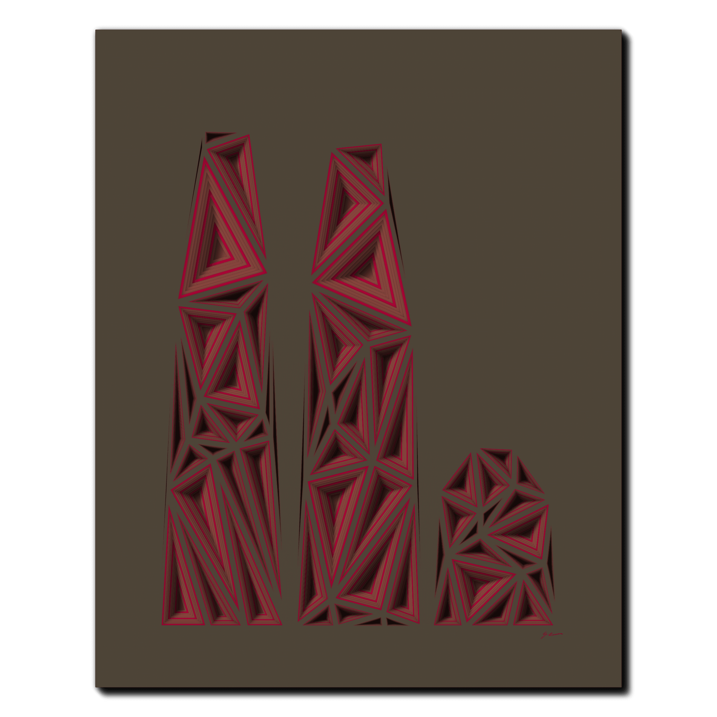 Cardinal Geometry Towers, laser-cut layered paper wall sculpture by Shawn Kemp, 16x20 in
