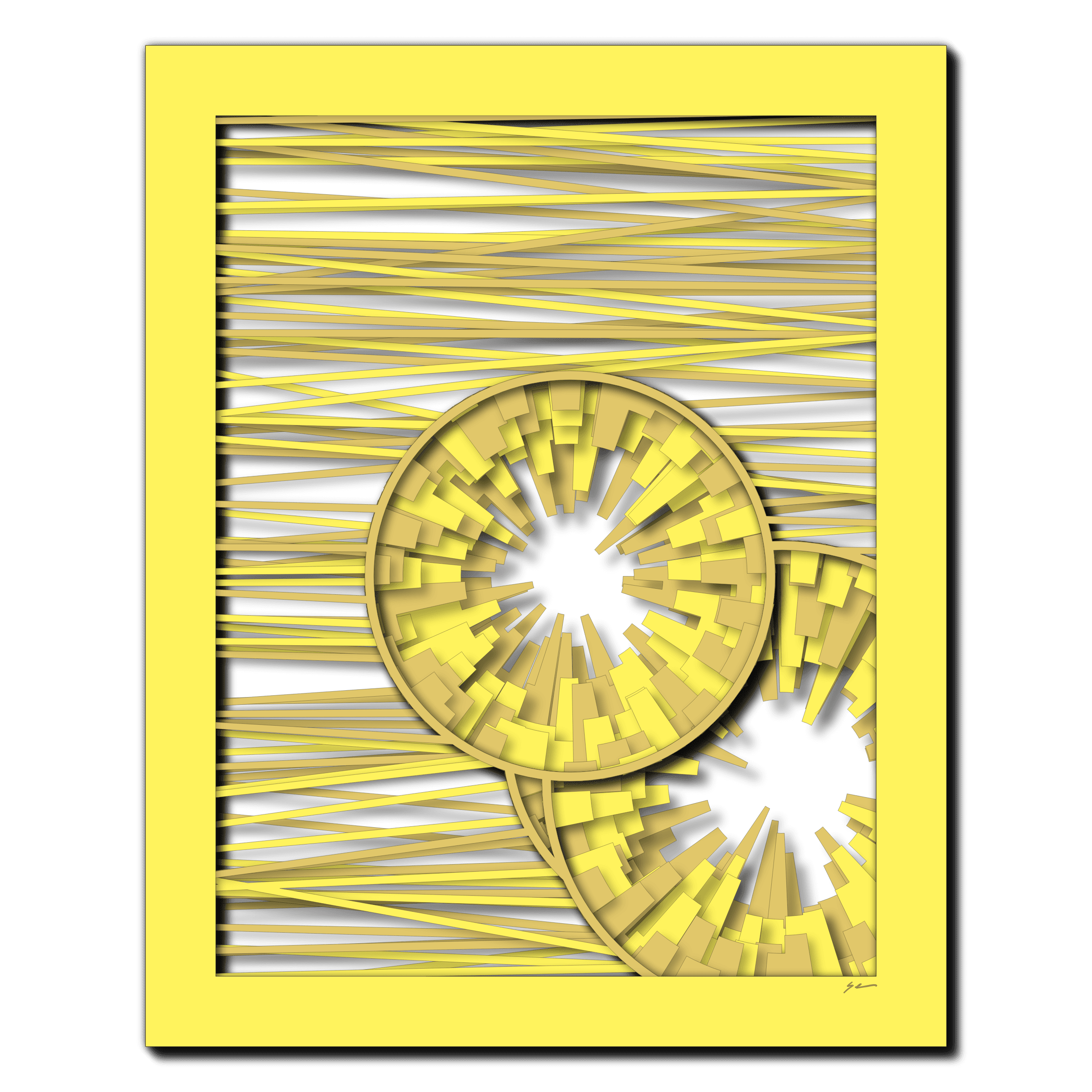 Sunlit Burst Harmony, laser-cut layered paper wall sculpture by Shawn Kemp, 16x20 in