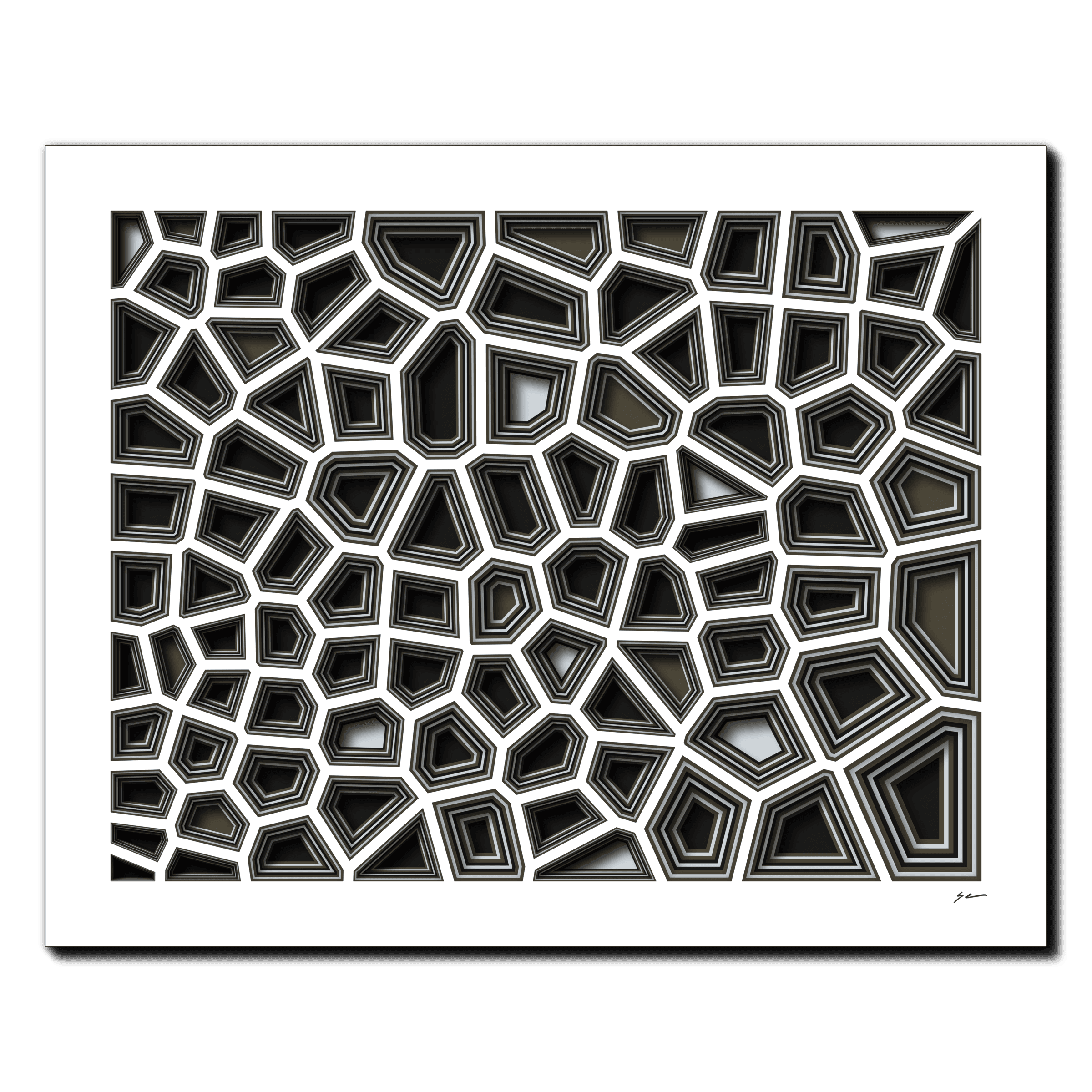 Monochrome Mosaic, laser-cut layered paper wall sculpture by Shawn Kemp, 20x16 in