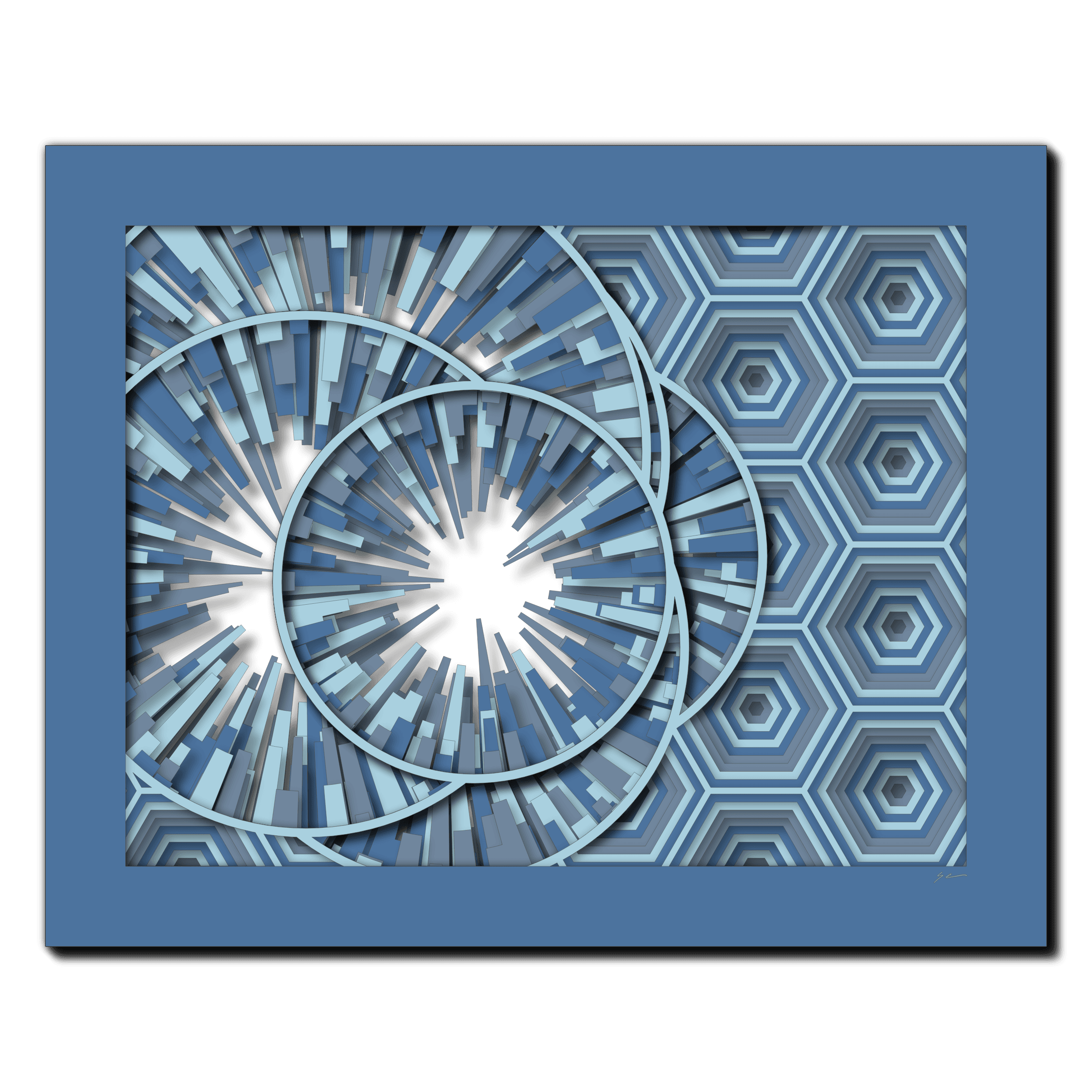 Harmony of Radiant Spirals, laser-cut layered paper wall sculpture by Shawn Kemp, 20x16 in