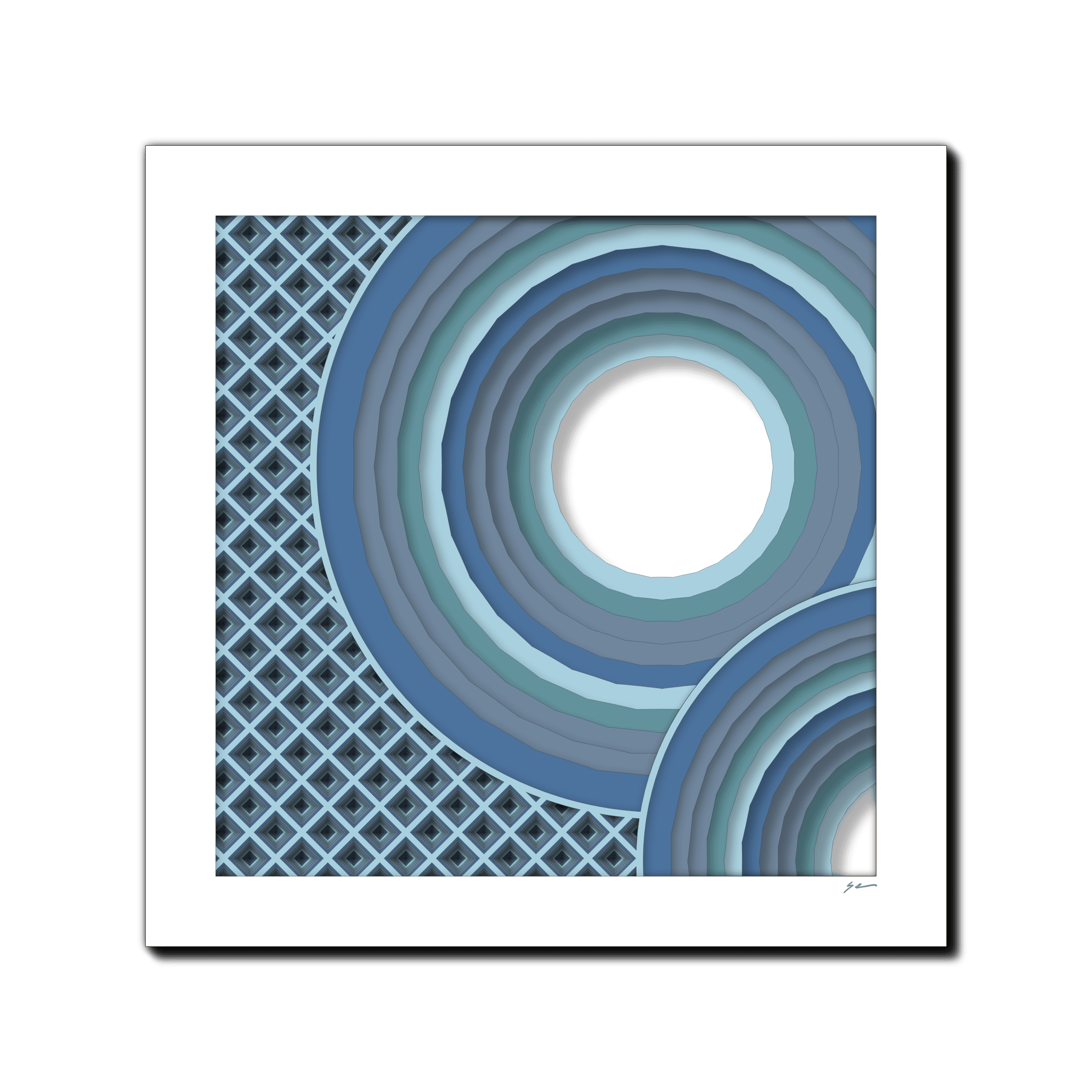 Marine Circle Serenity, laser-cut layered paper wall sculpture by Shawn Kemp, 16x16 in