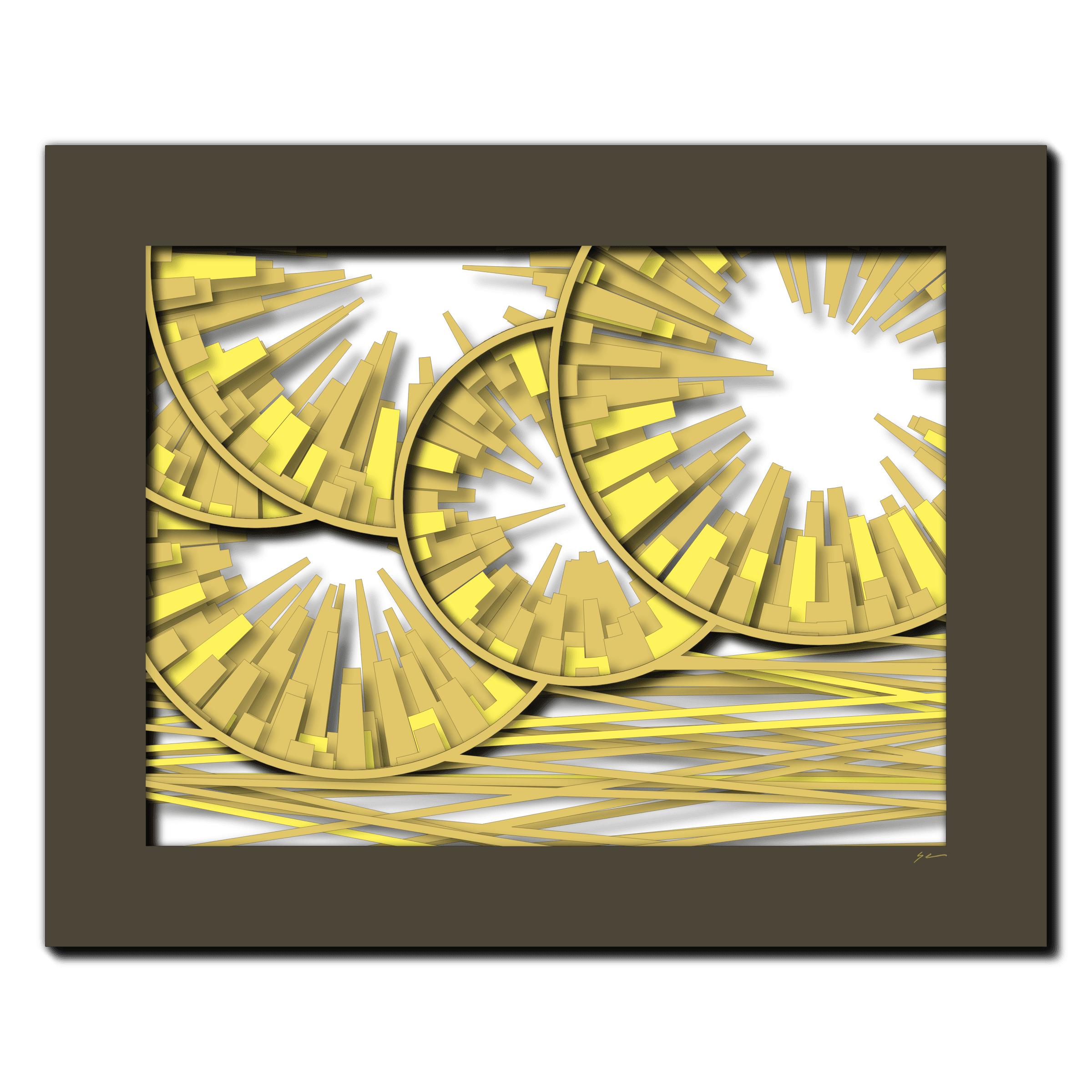 Buttercup Radiance Burst, laser-cut layered paper wall sculpture by Shawn Kemp, 20x16 in