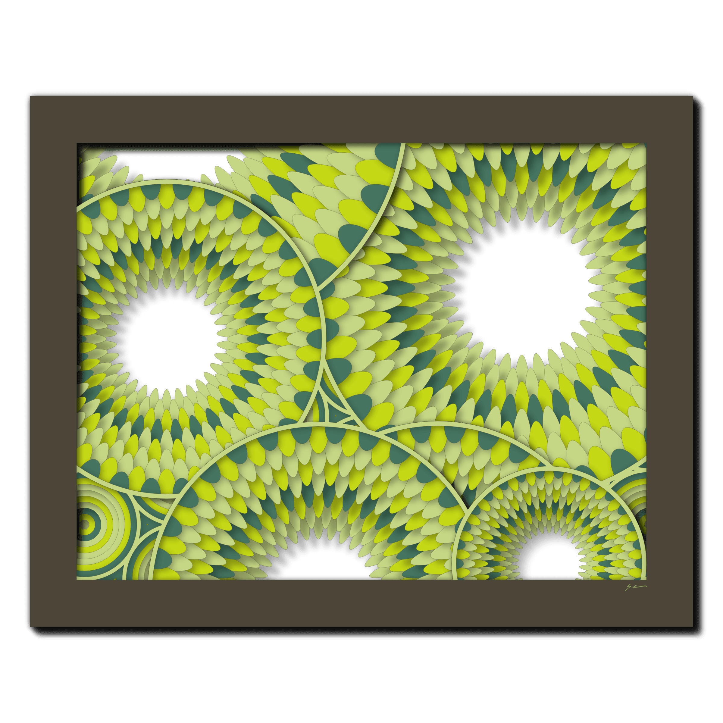 Verdant Dahlia Spiral, laser-cut layered paper wall sculpture by Shawn Kemp, 20x16 in