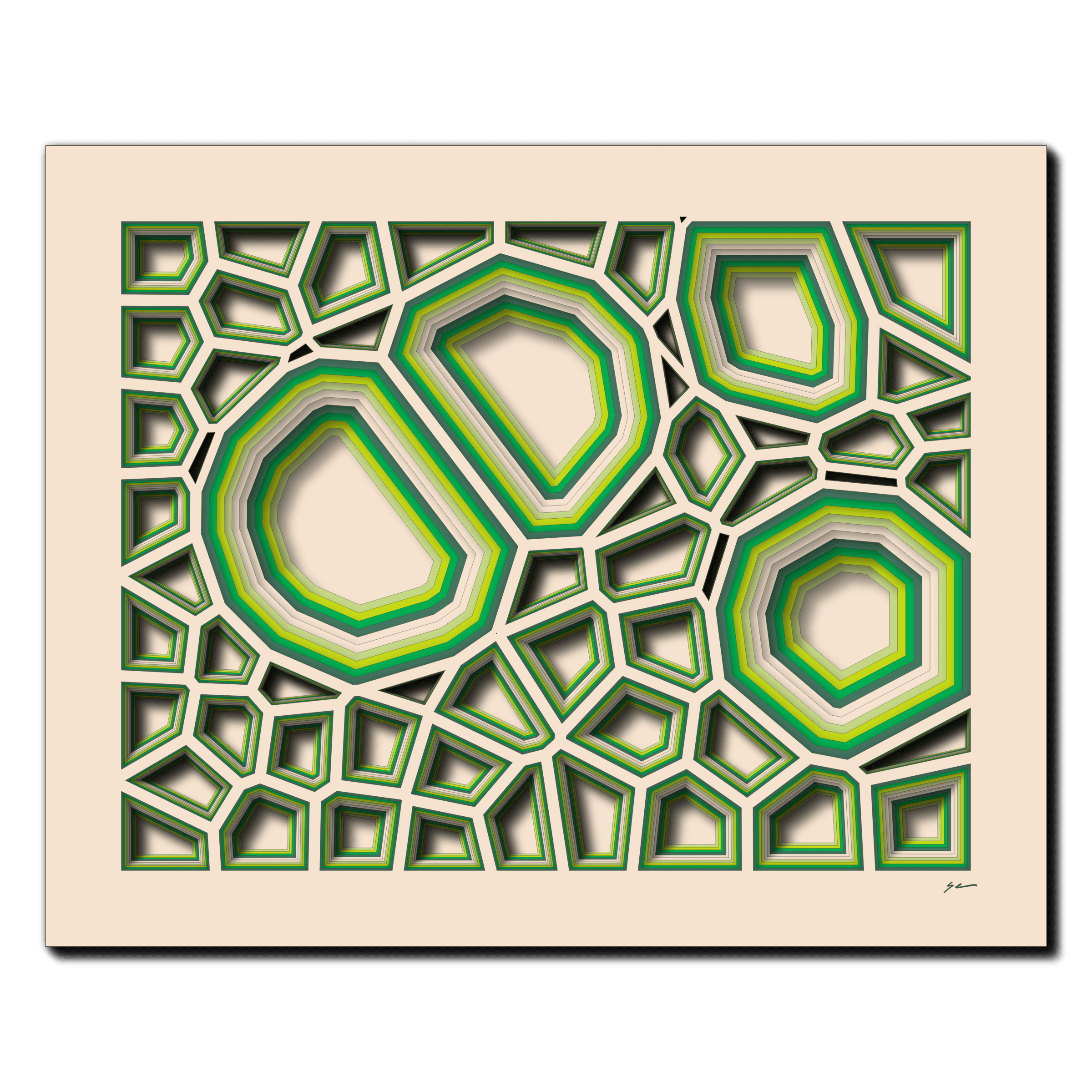 Verdant Pulse Grid, laser-cut layered paper wall sculpture by Shawn Kemp, 20x16 in