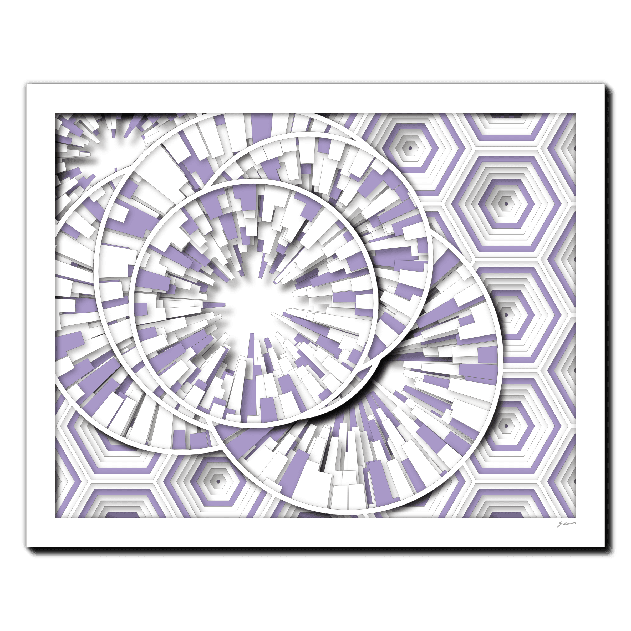 Hexagonal Burst Symphony, laser-cut layered paper wall sculpture by Shawn Kemp, 20x16 in