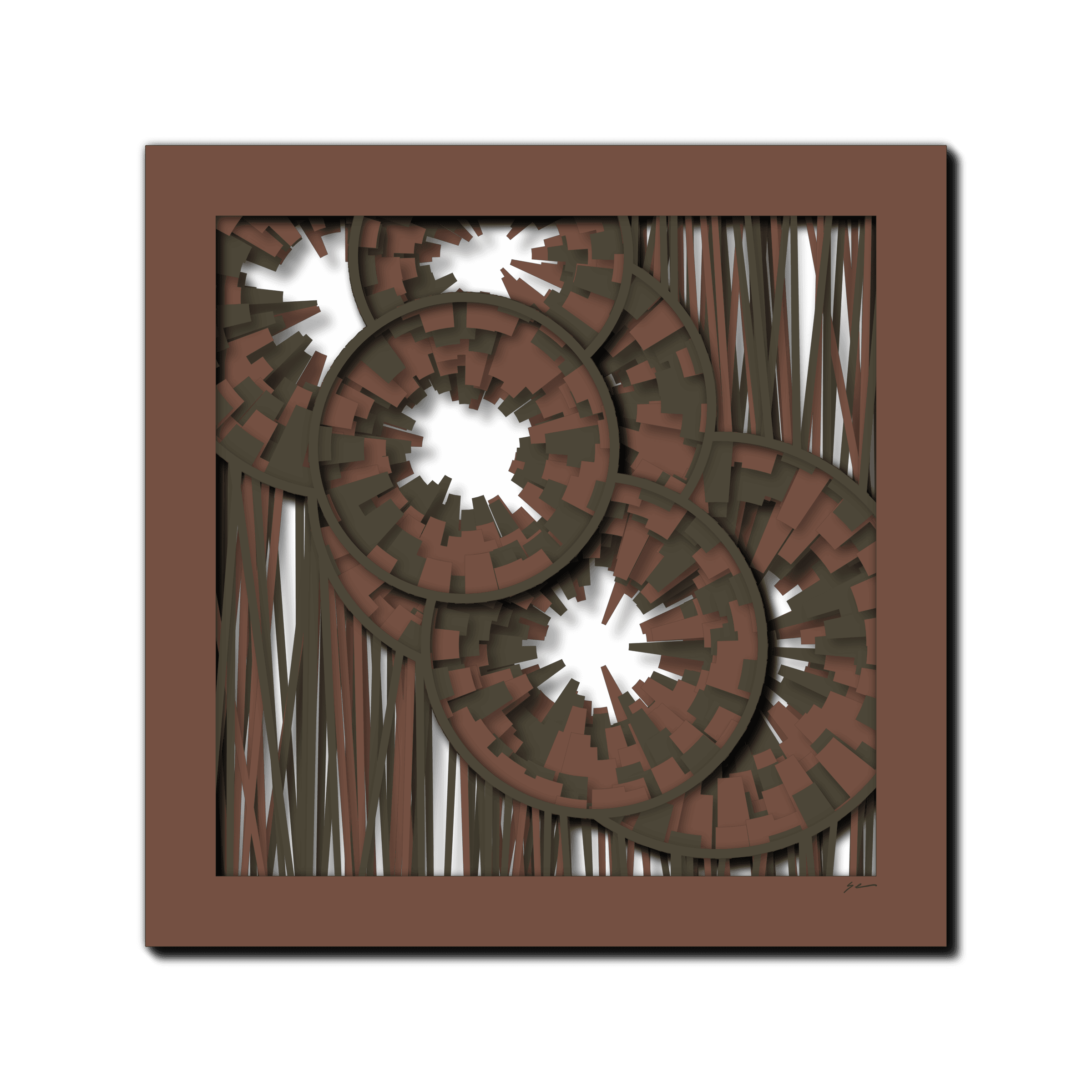Mocha Spiral Fusion, laser-cut layered paper wall sculpture by Shawn Kemp, 16x16 in