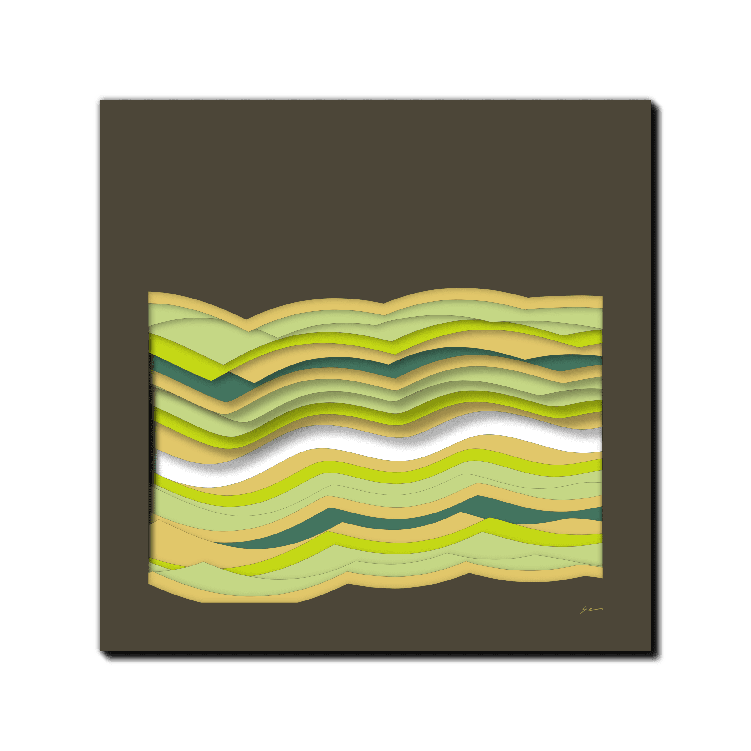 Verdant Waveform Symphony, laser-cut layered paper wall sculpture by Shawn Kemp, 16x16 in