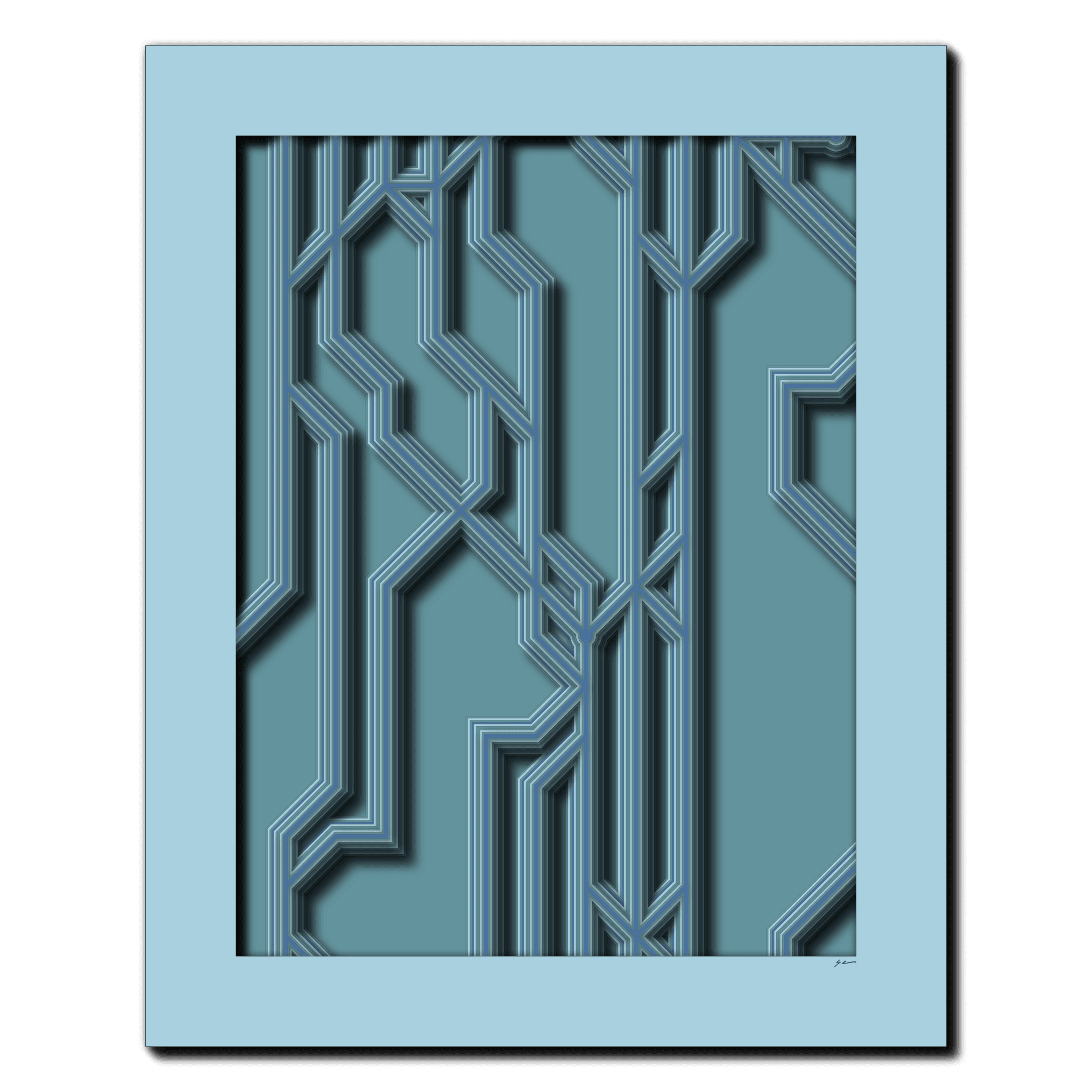 Aqua Conduit Maze, laser-cut layered paper wall sculpture by Shawn Kemp, 24x30 in