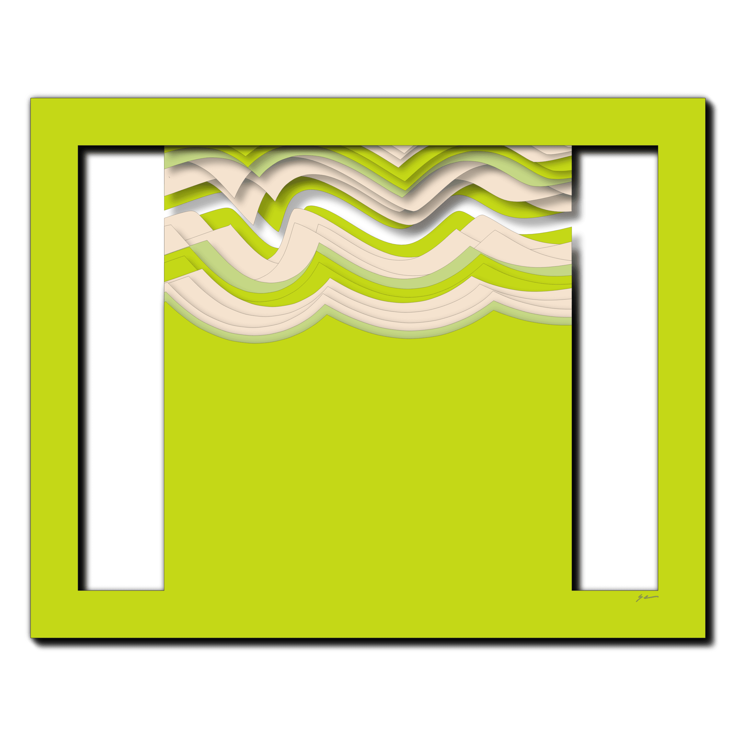 Lime Wave Symphony, laser-cut layered paper wall sculpture by Shawn Kemp, 20x16 in
