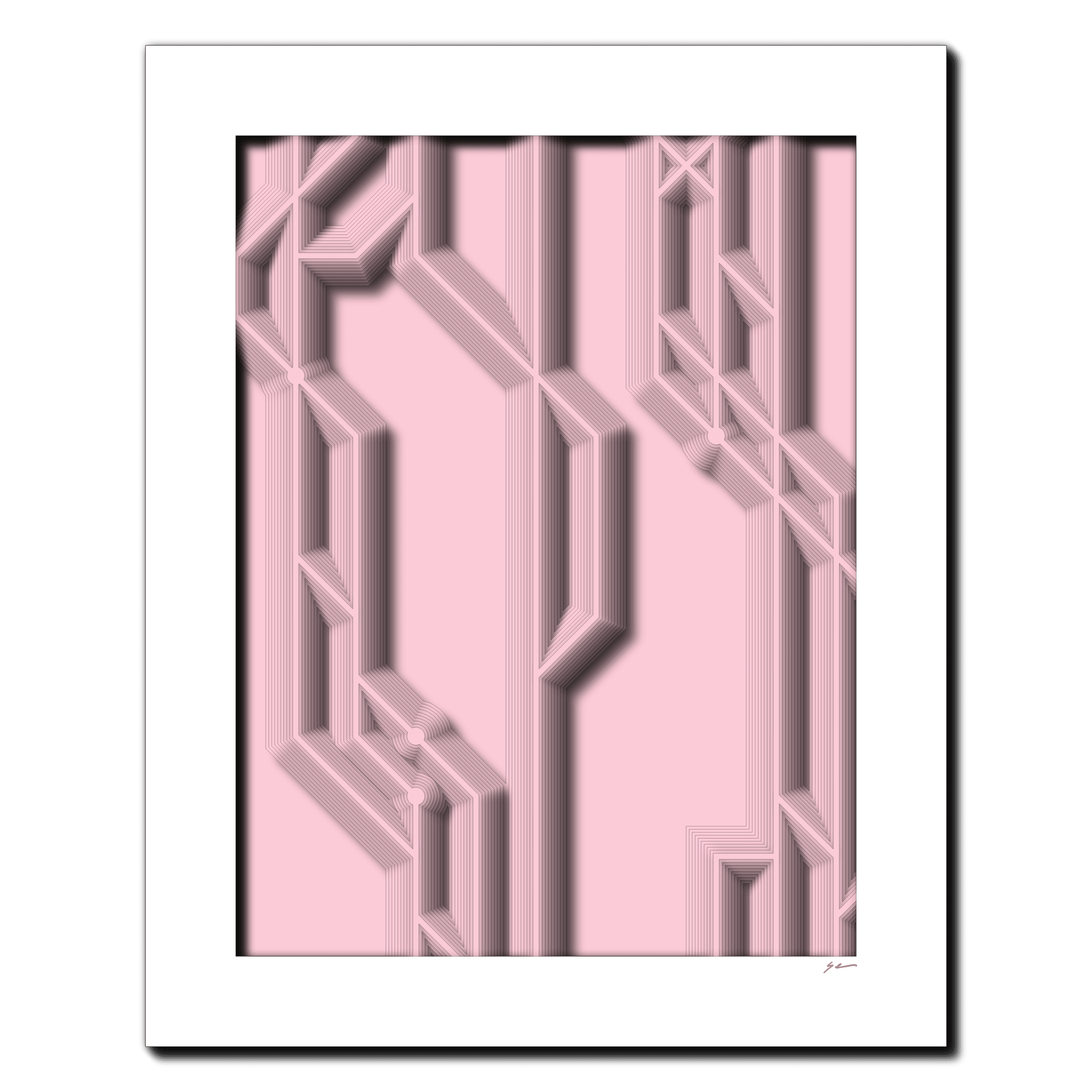 Rosy Pathways, laser-cut layered paper wall sculpture by Shawn Kemp, 16x20 in