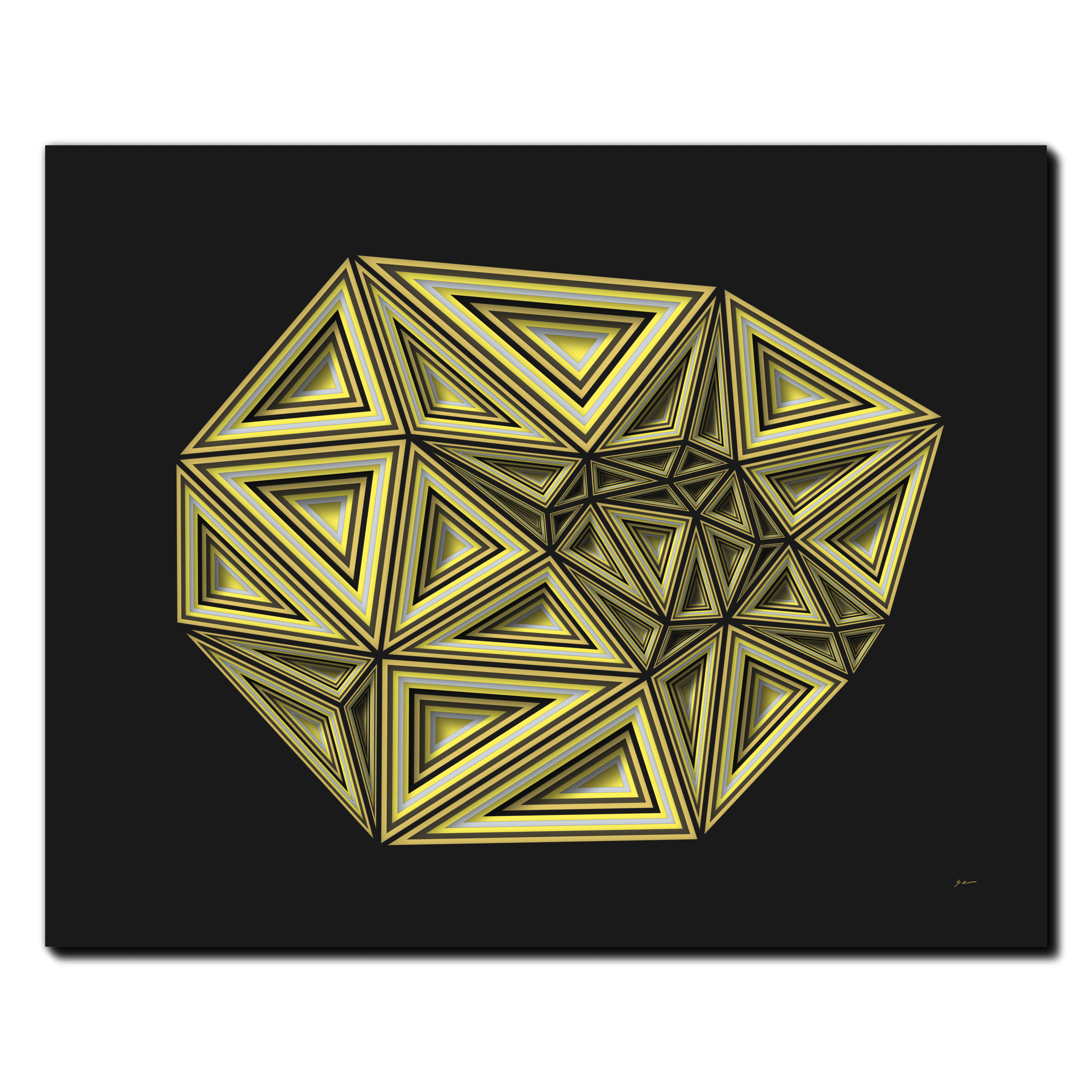 Golden Triangular Oscillation, laser-cut layered paper wall sculpture by Shawn Kemp, 30x24 in