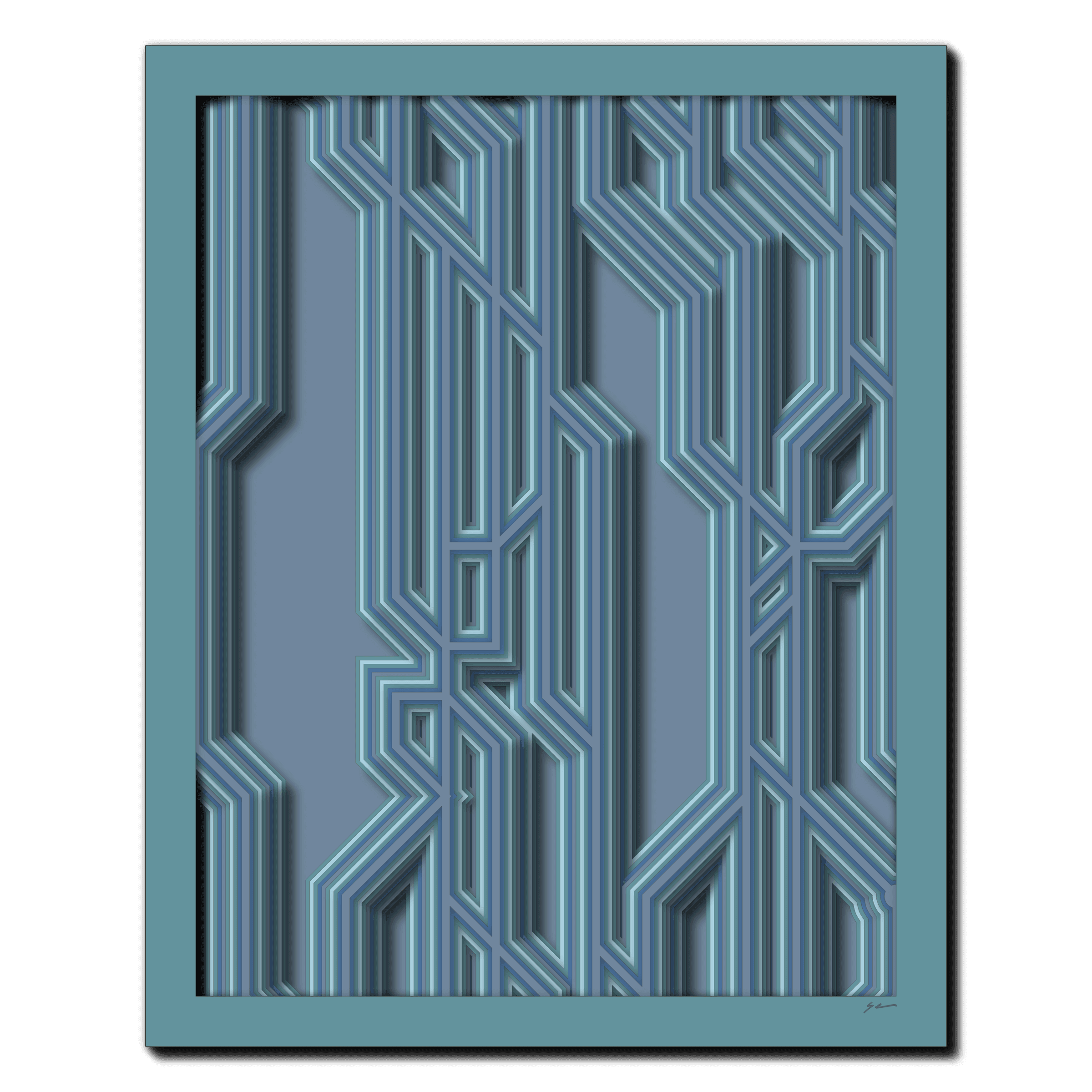 Oceanic Vector Labyrinth, laser-cut layered paper wall sculpture by Shawn Kemp, 16x20 in