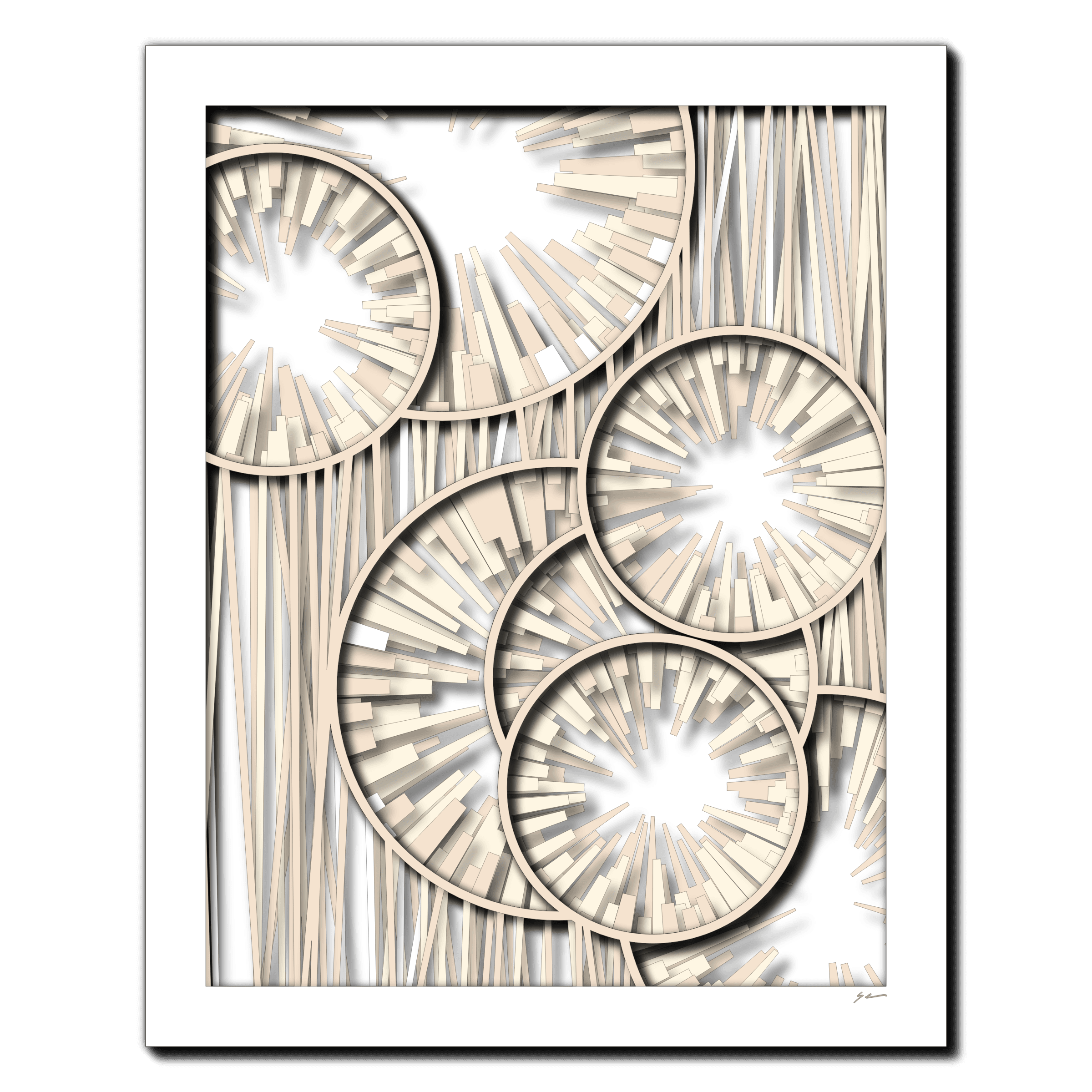 Interwoven Radiant Circles, laser-cut layered paper wall sculpture by Shawn Kemp, 16x20 in