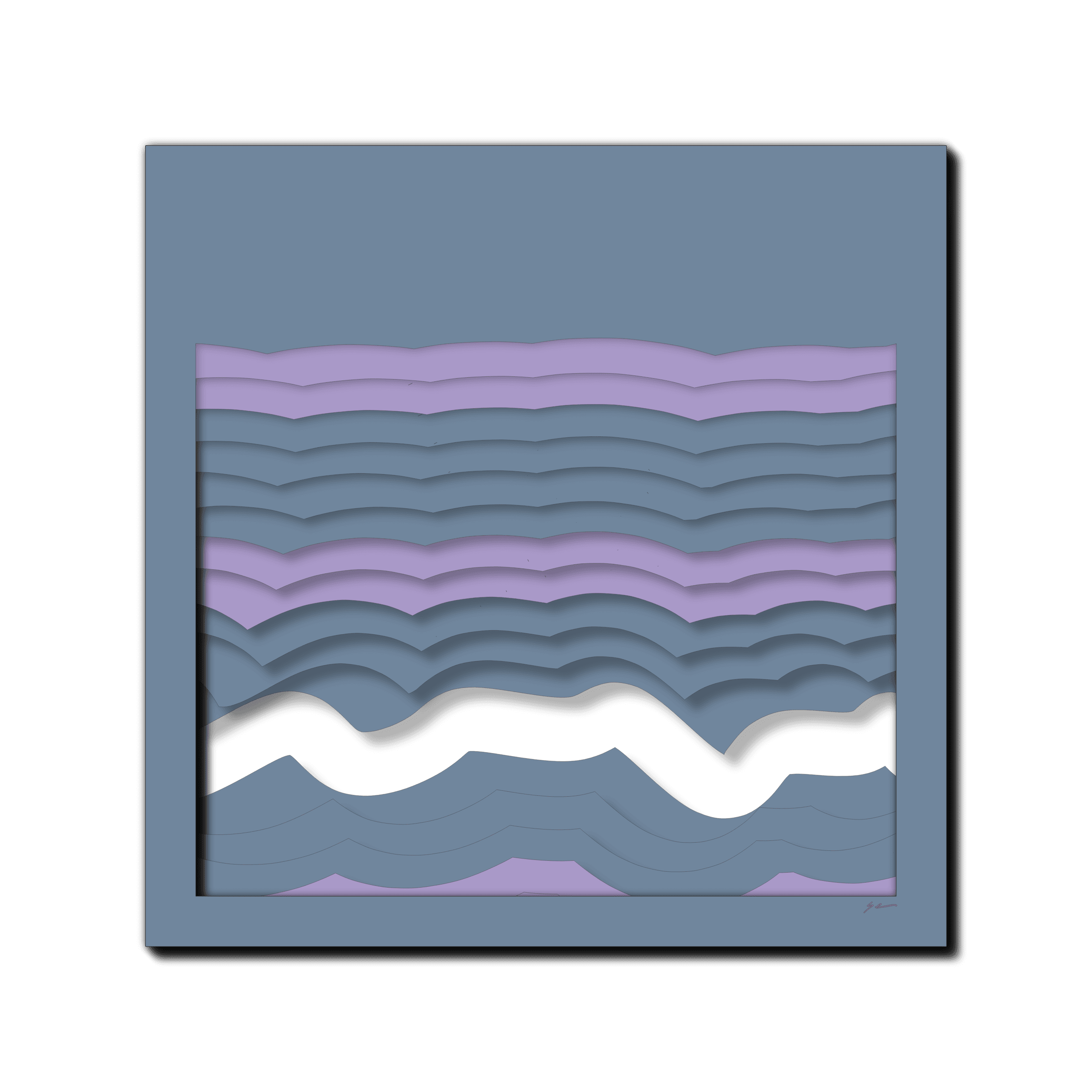 Lilac Wave Cadence, laser-cut layered paper wall sculpture by Shawn Kemp, 16x16 in