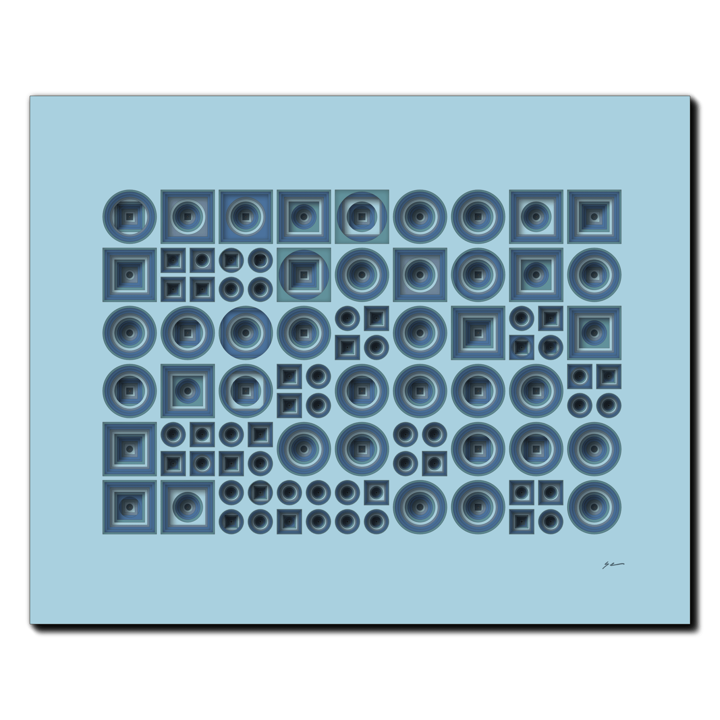 Azure Harmony Grid, laser-cut layered paper wall sculpture by Shawn Kemp, 20x16 in
