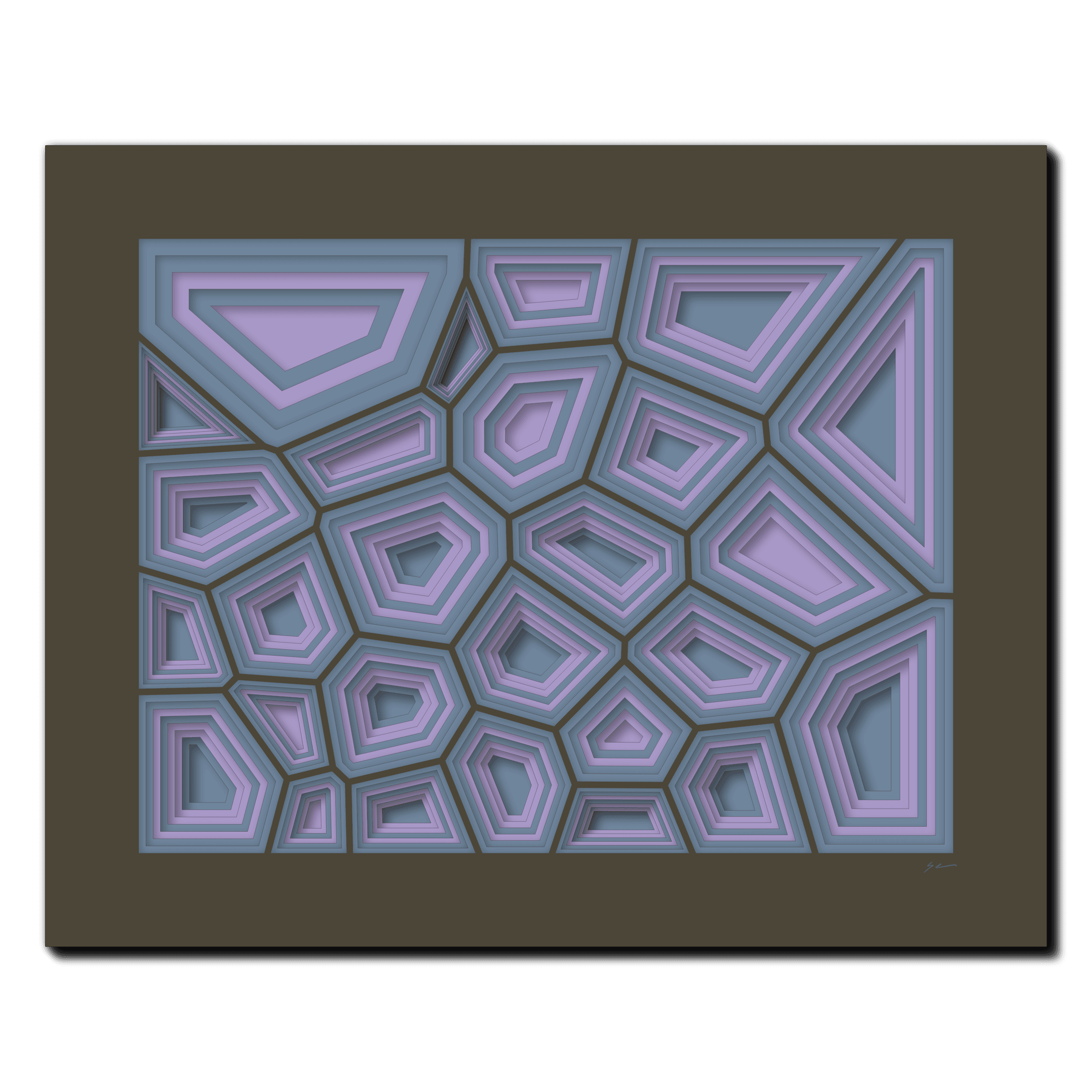 Lavender Mosaic Drift, laser-cut layered paper wall sculpture by Shawn Kemp, 20x16 in