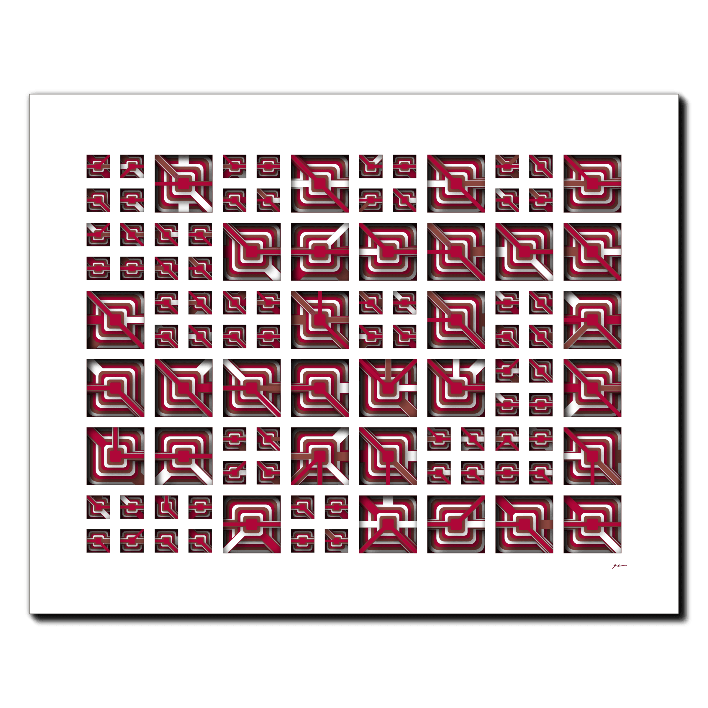 Crimson Labyrinth, laser-cut layered paper wall sculpture by Shawn Kemp, 30x24 in