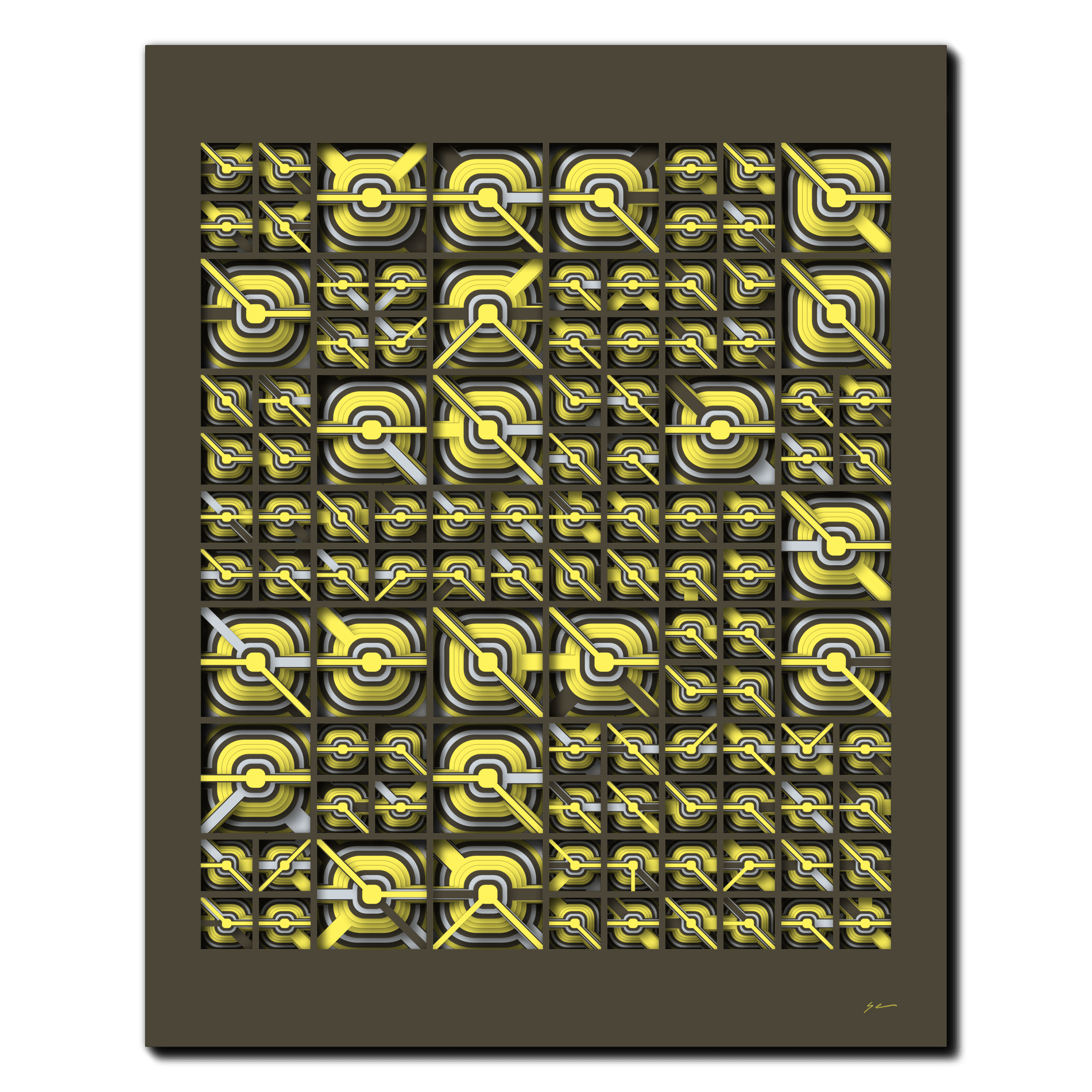 Citrine Code Mosaic, laser-cut layered paper wall sculpture by Shawn Kemp, 16x20 in