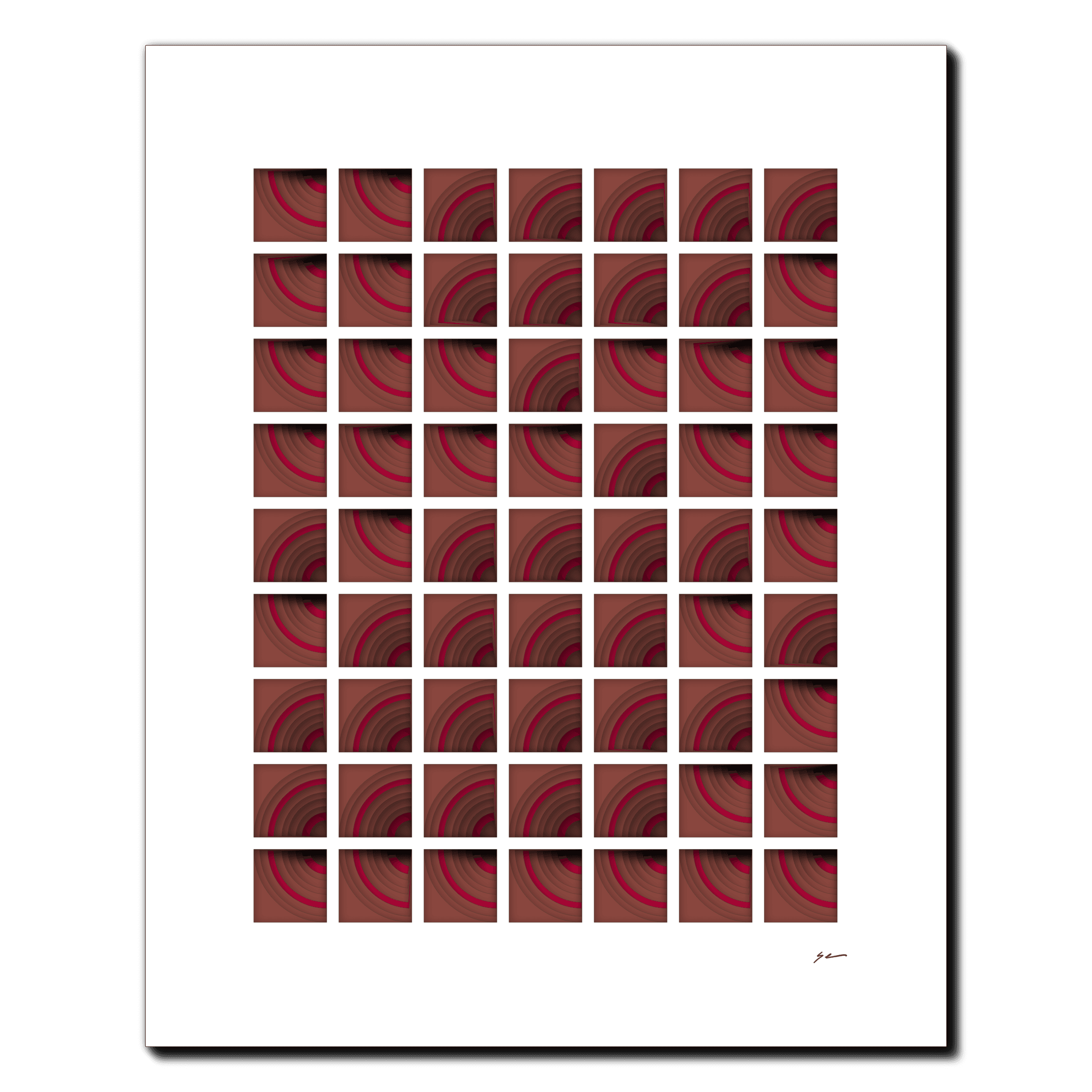 Crimson Arcs Harmony, laser-cut layered paper wall sculpture by Shawn Kemp, 16x20 in