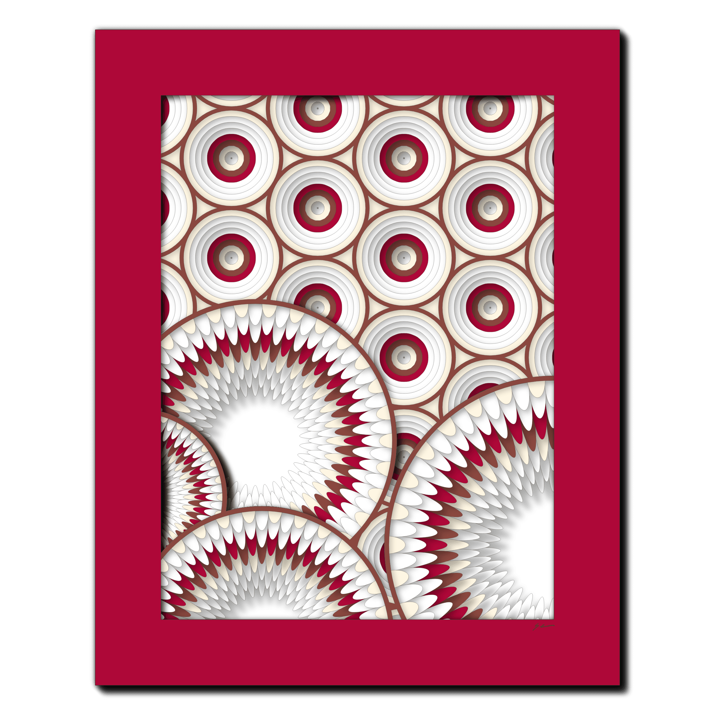 Crimson Dahlia Tiles, laser-cut layered paper wall sculpture by Shawn Kemp, 16x20 in