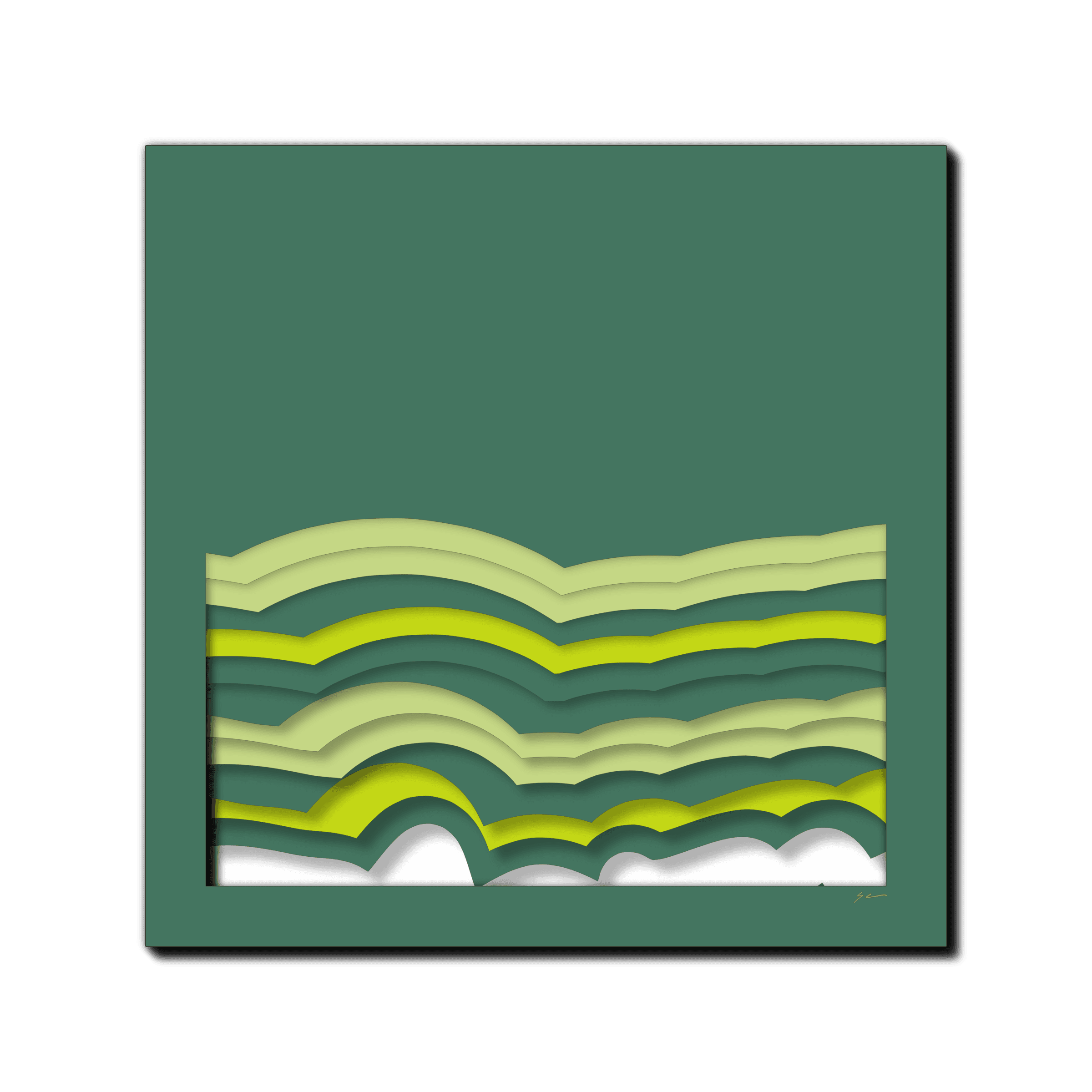 Verdant Waveform Ascendancy, laser-cut layered paper wall sculpture by Shawn Kemp, 16x16 in
