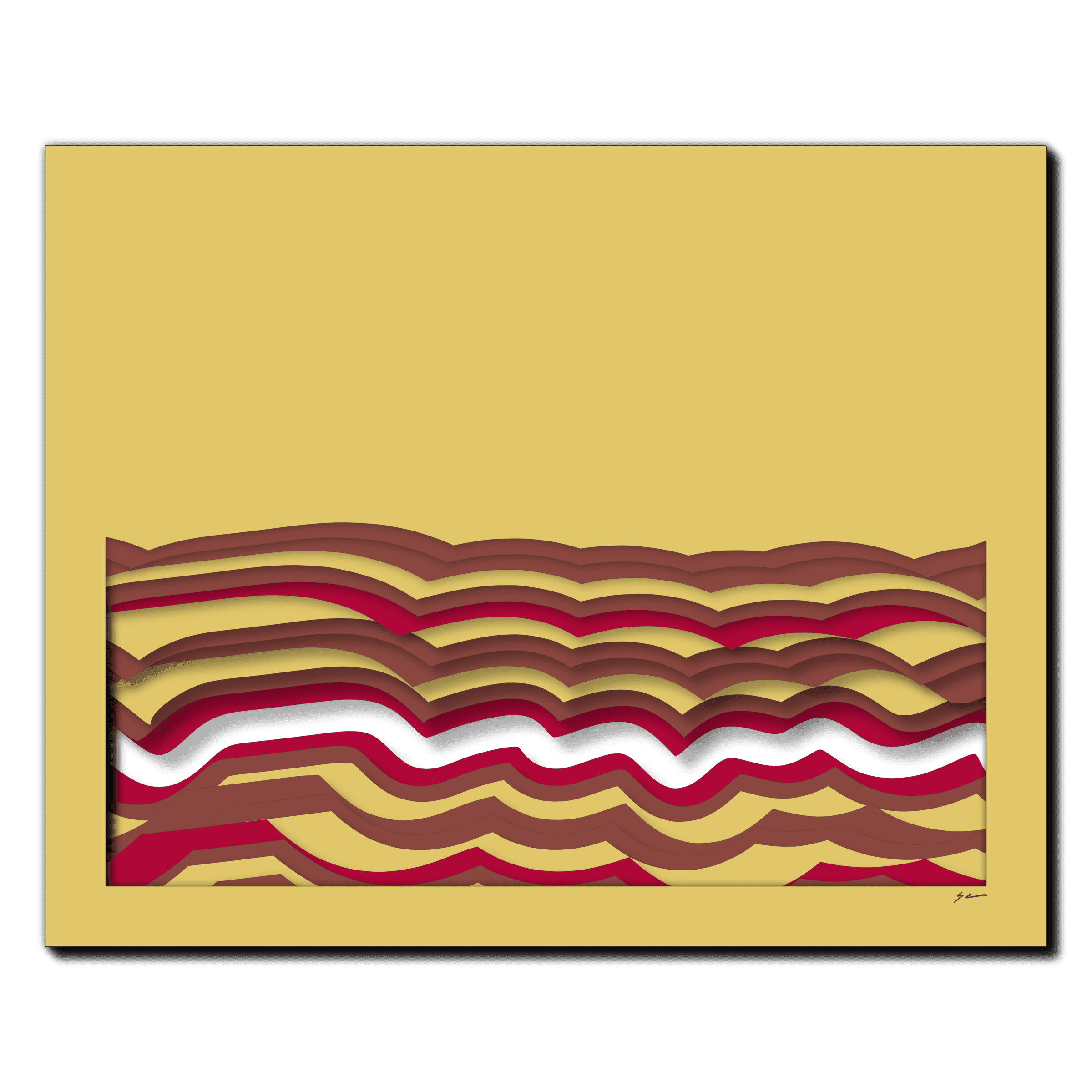 Crimson Wave Oscillation, laser-cut layered paper wall sculpture by Shawn Kemp, 20x16 in