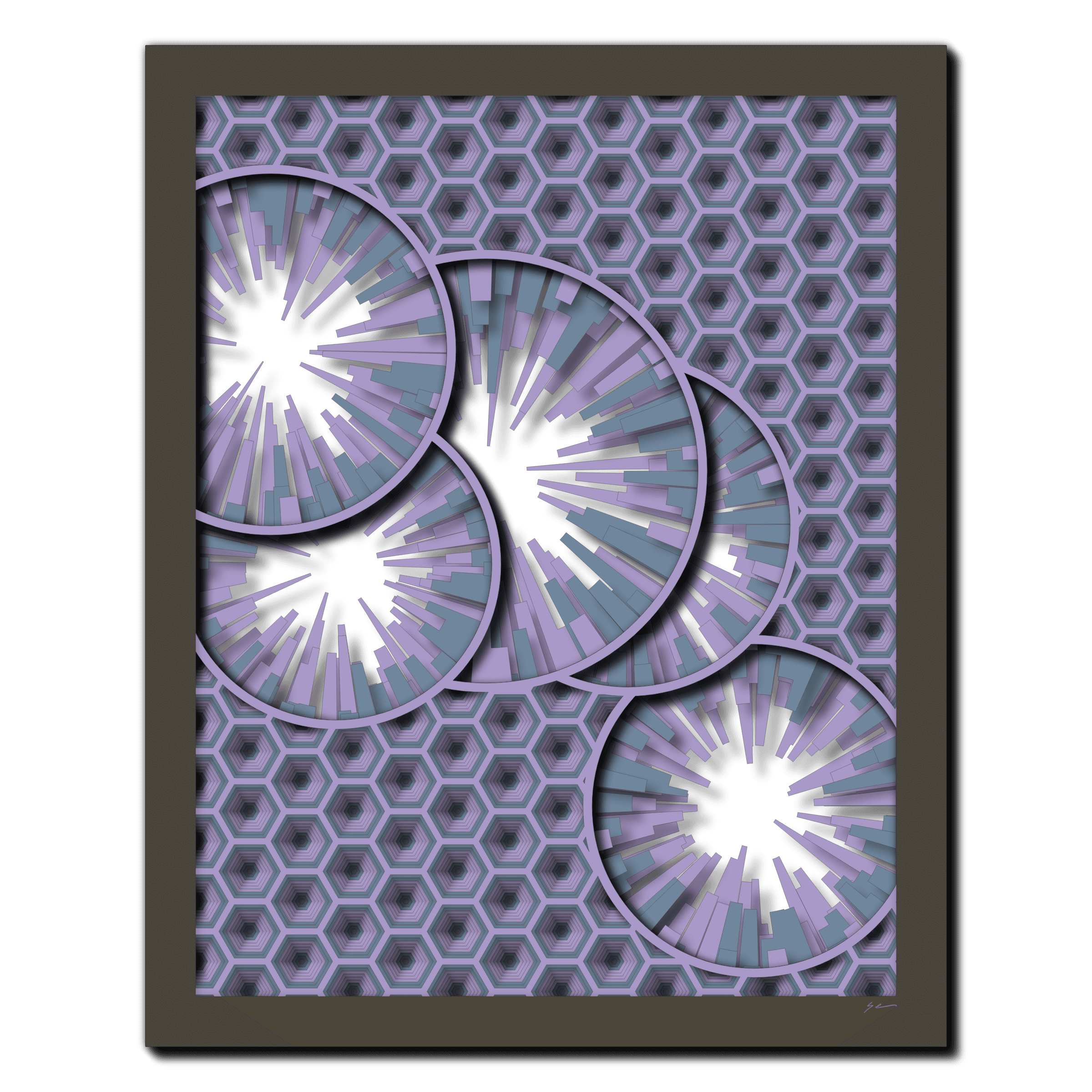 Violet Starburst Hive, laser-cut layered paper wall sculpture by Shawn Kemp, 16x20 in