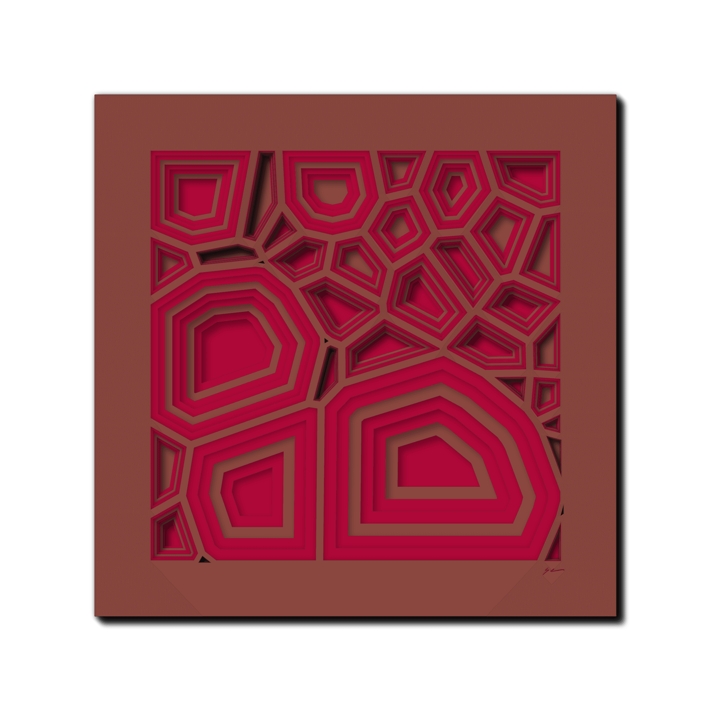 Crimson Echo Lattice, laser-cut layered paper wall sculpture by Shawn Kemp, 16x16 in
