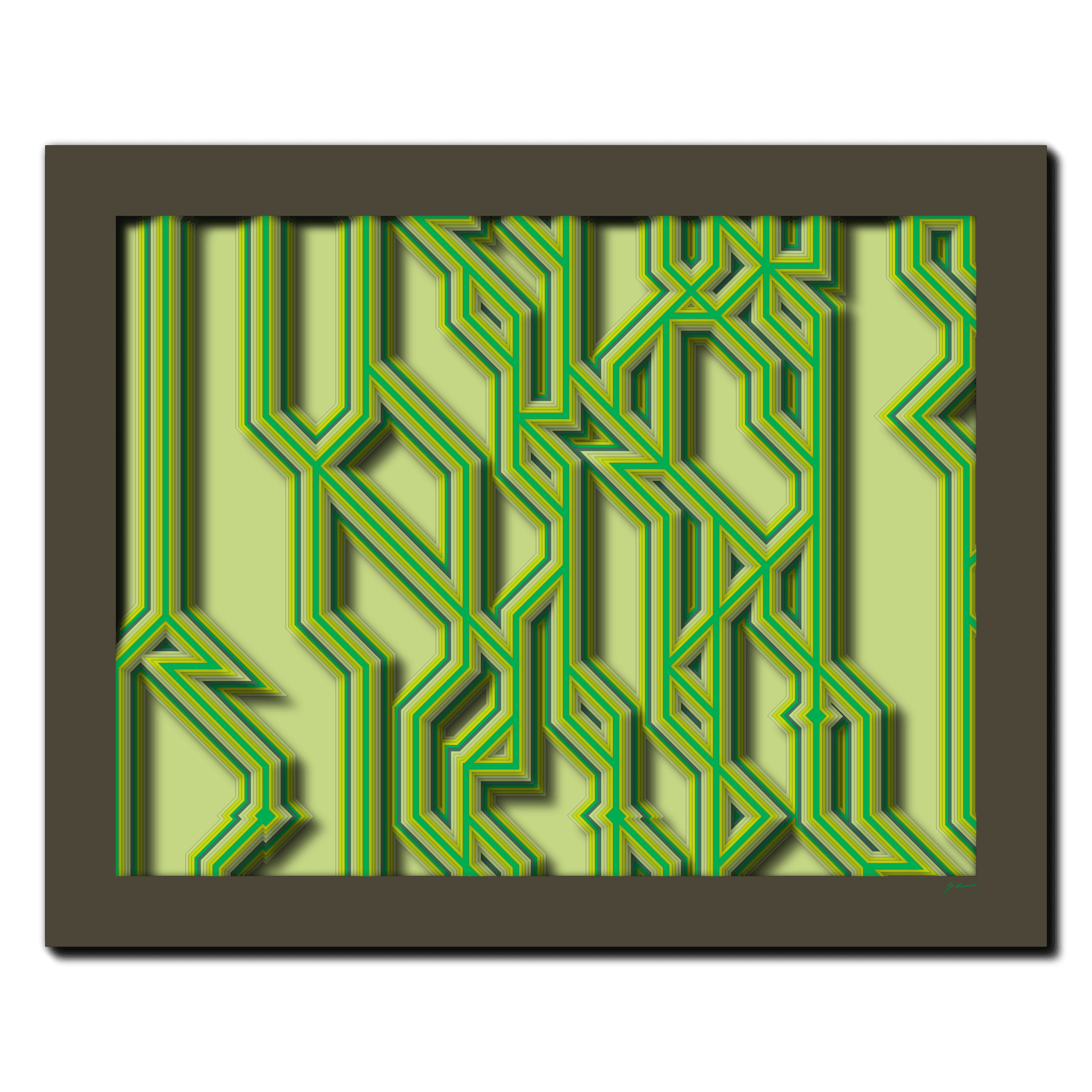 Emerald Circuitry Pathways, laser-cut layered paper wall sculpture by Shawn Kemp, 20x16 in