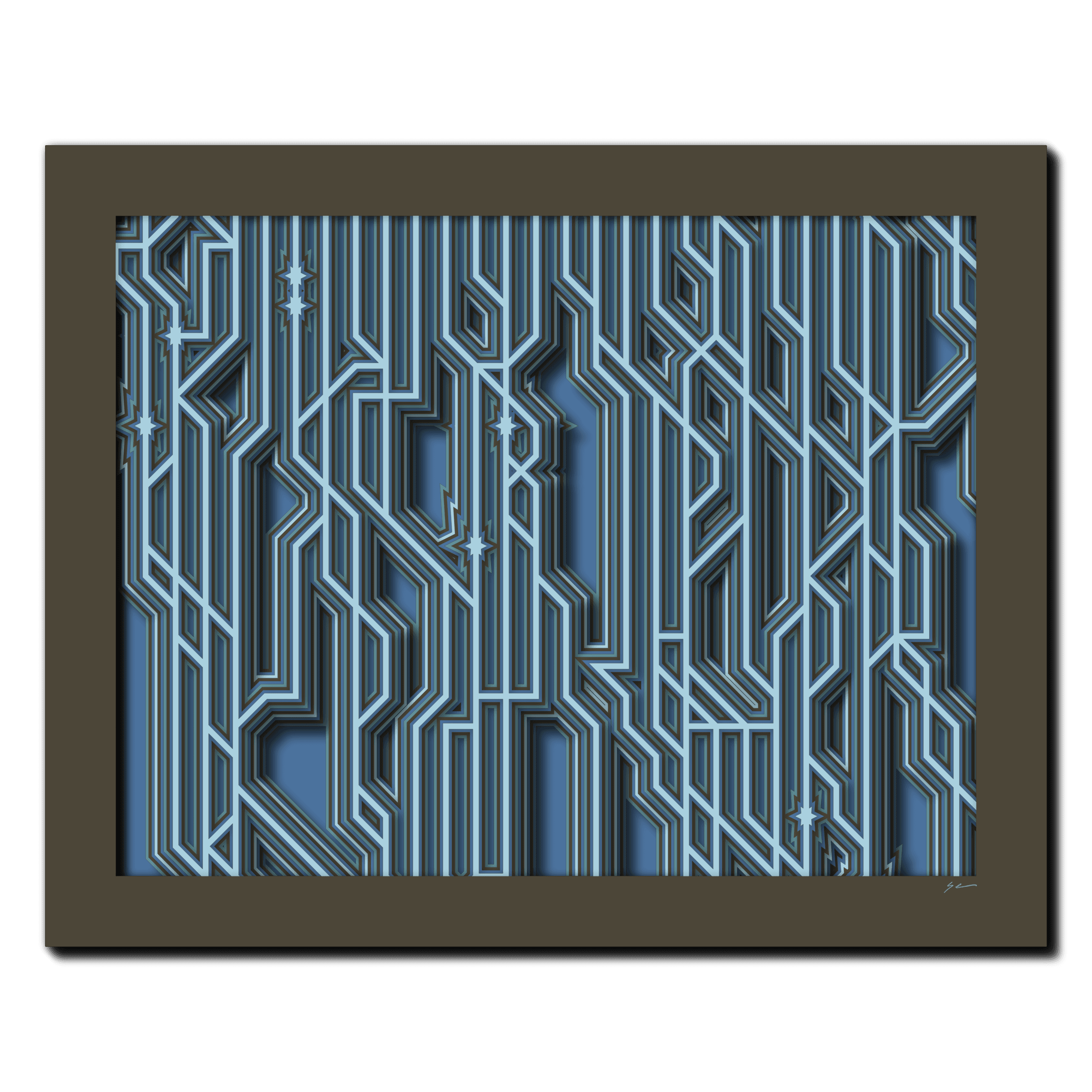Aqua Circuitry Veins, laser-cut layered paper wall sculpture by Shawn Kemp, 20x16 in