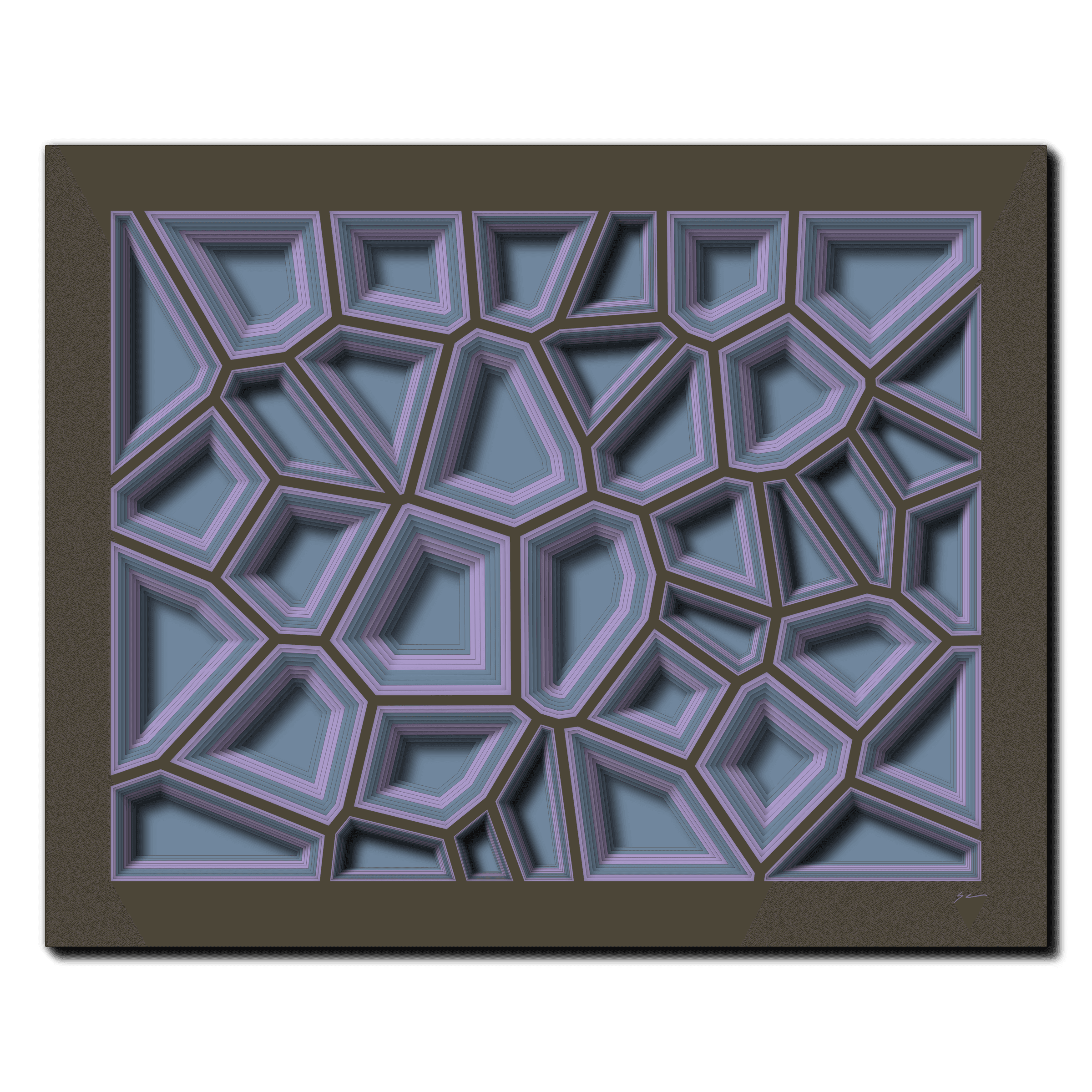 Lavender Fracture, laser-cut layered paper wall sculpture by Shawn Kemp, 20x16 in