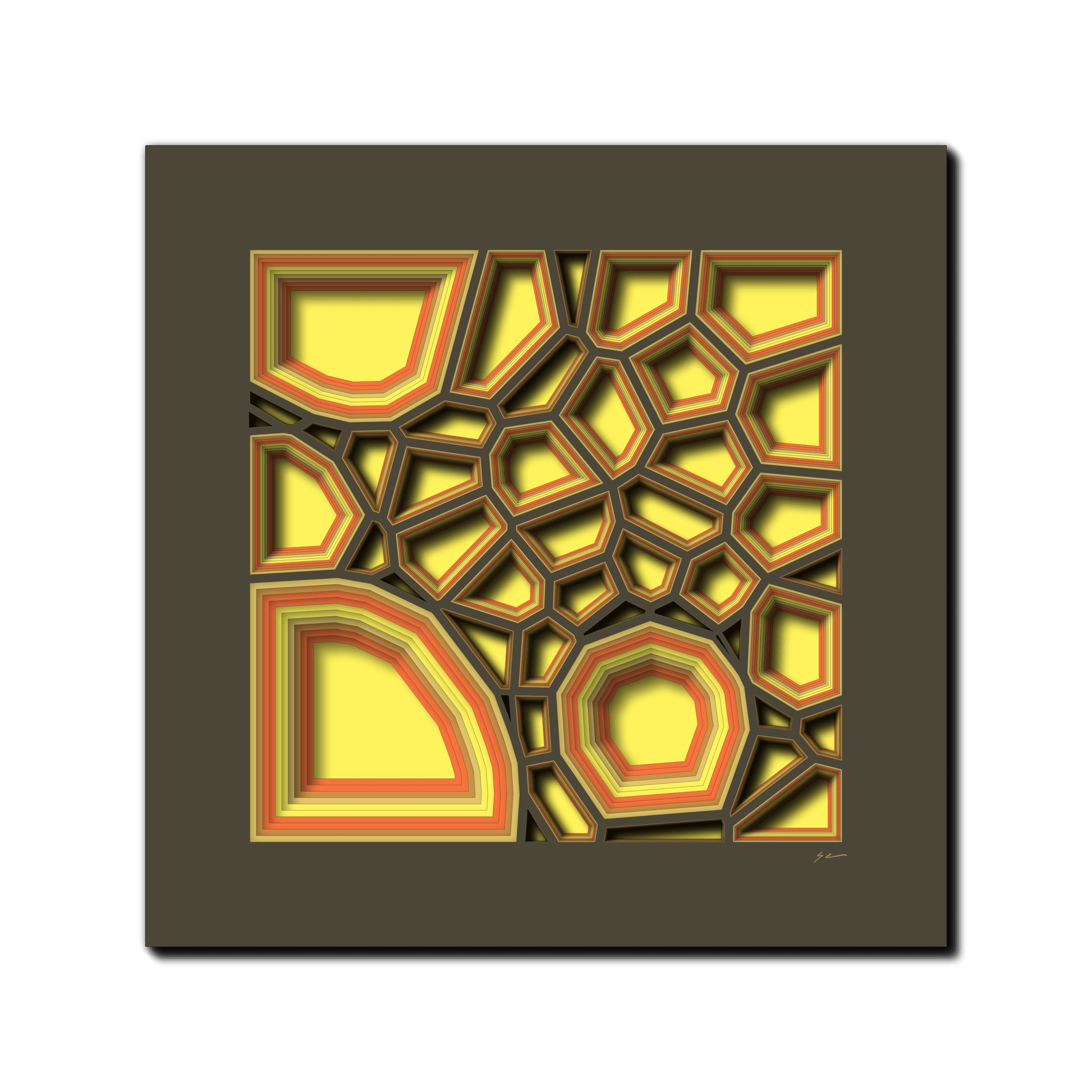 Sunset Geometric Reverie, laser-cut layered paper wall sculpture by Shawn Kemp, 16x16 in