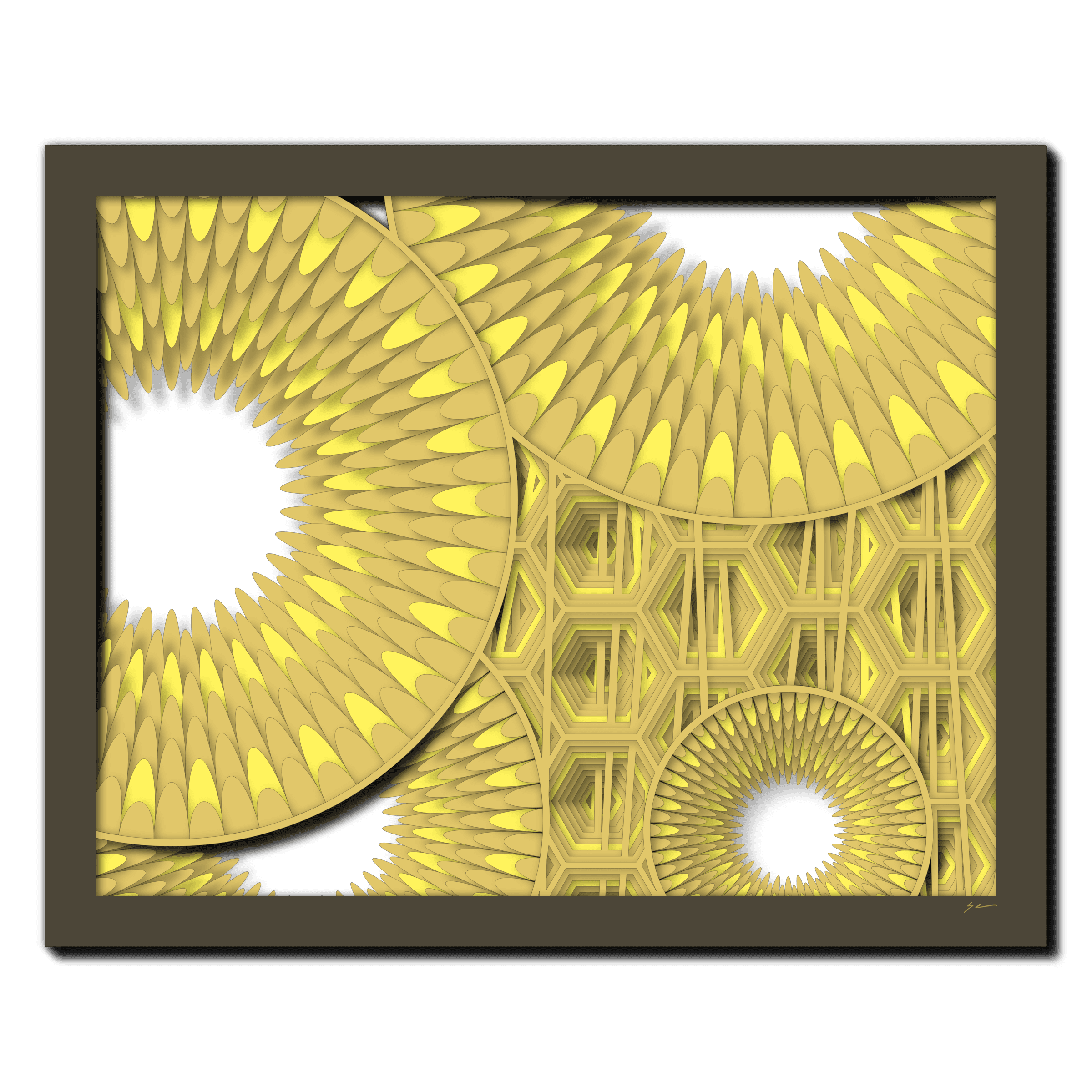 Solar Petal Weave, laser-cut layered paper wall sculpture by Shawn Kemp, 20x16 in