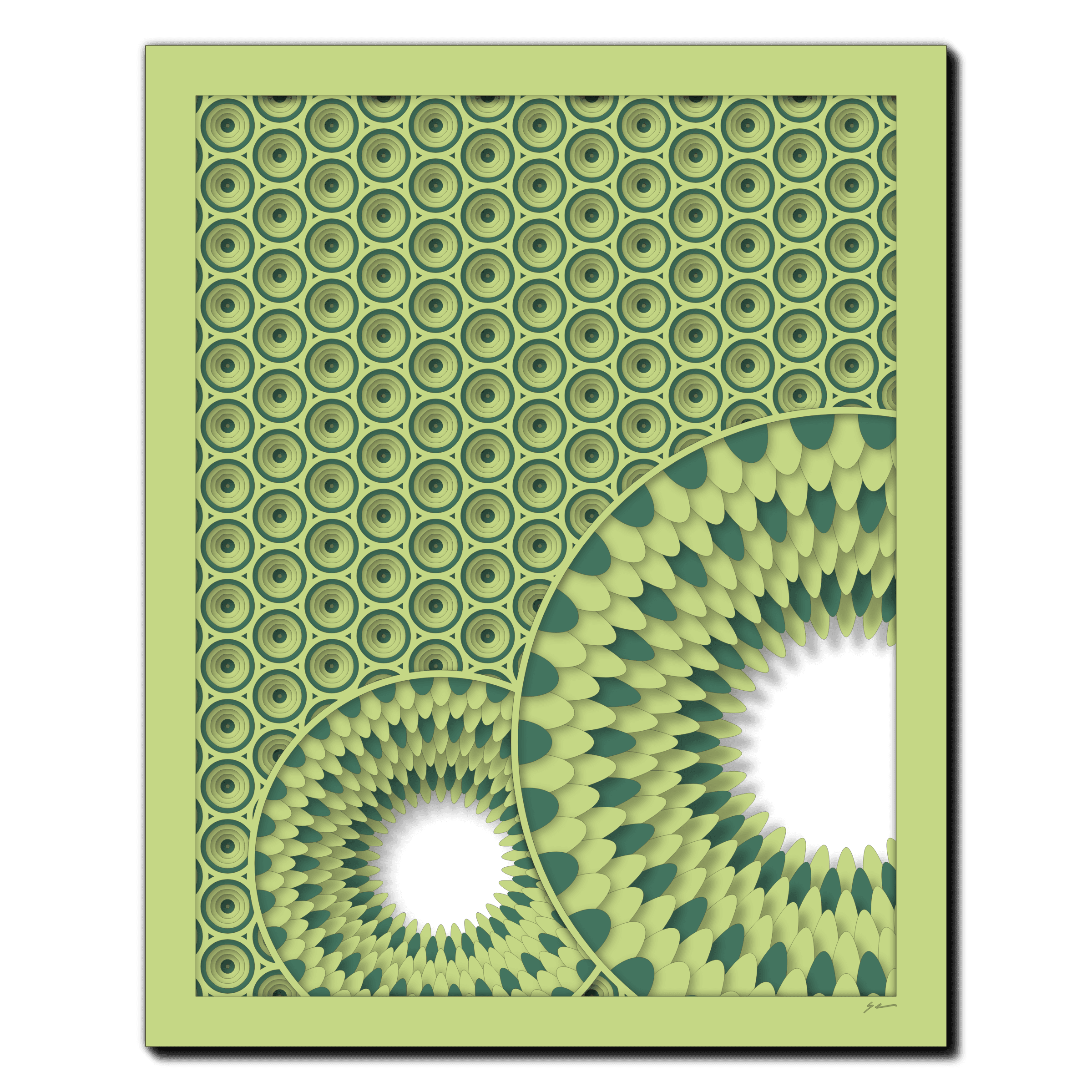 Pistachio Spiral Serenade, laser-cut layered paper wall sculpture by Shawn Kemp, 16x20 in