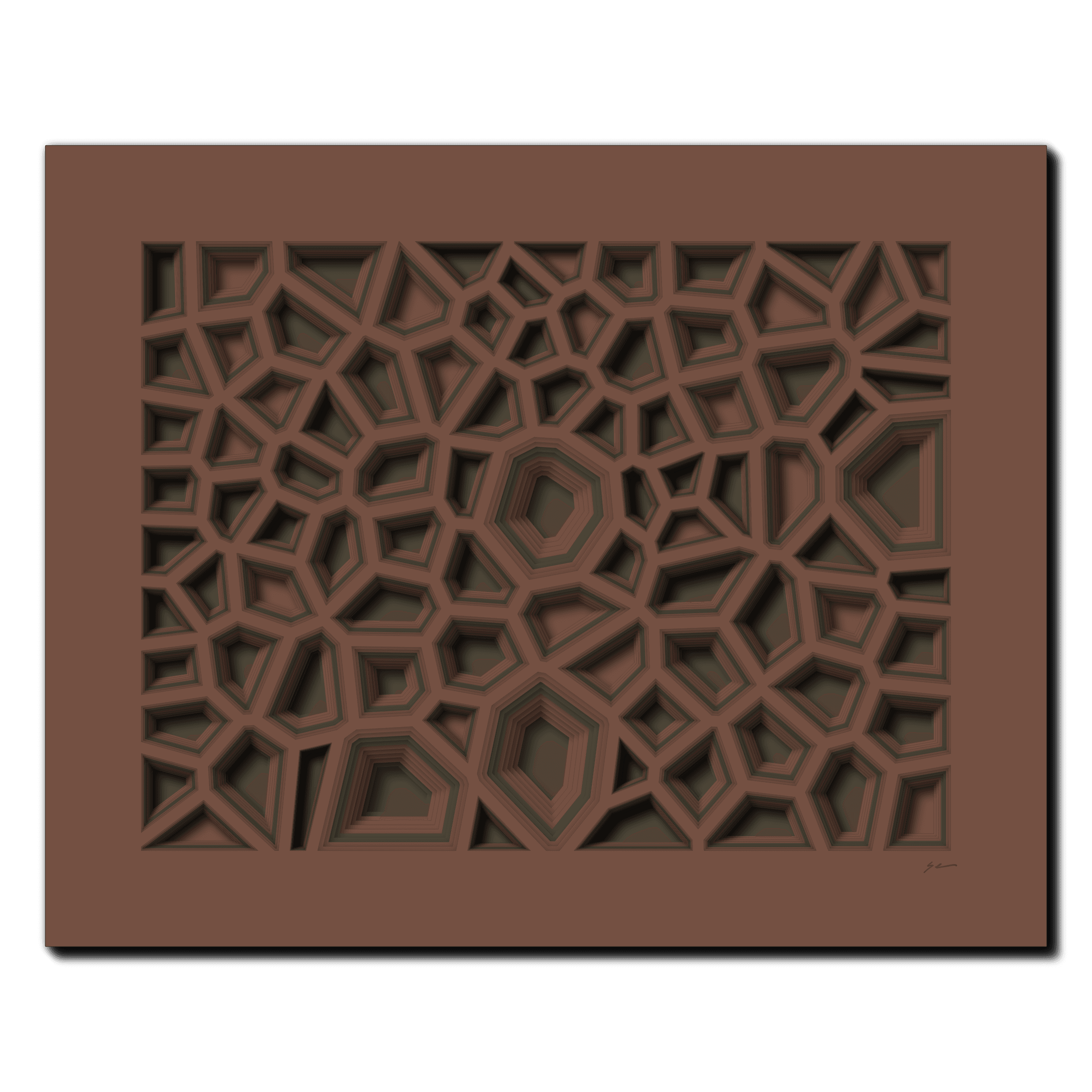 Earthen Enclave, laser-cut layered paper wall sculpture by Shawn Kemp, 20x16 in