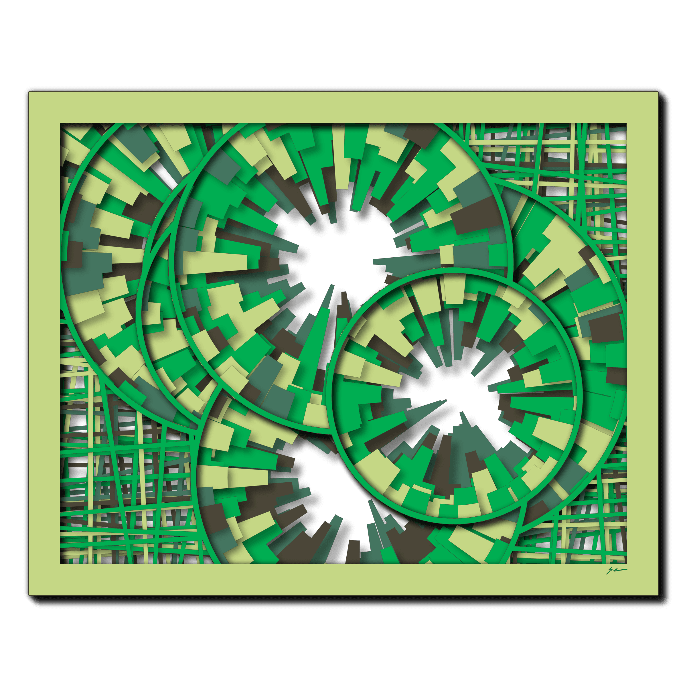 Emerald Pulse Matrix, laser-cut layered paper wall sculpture by Shawn Kemp, 20x16 in