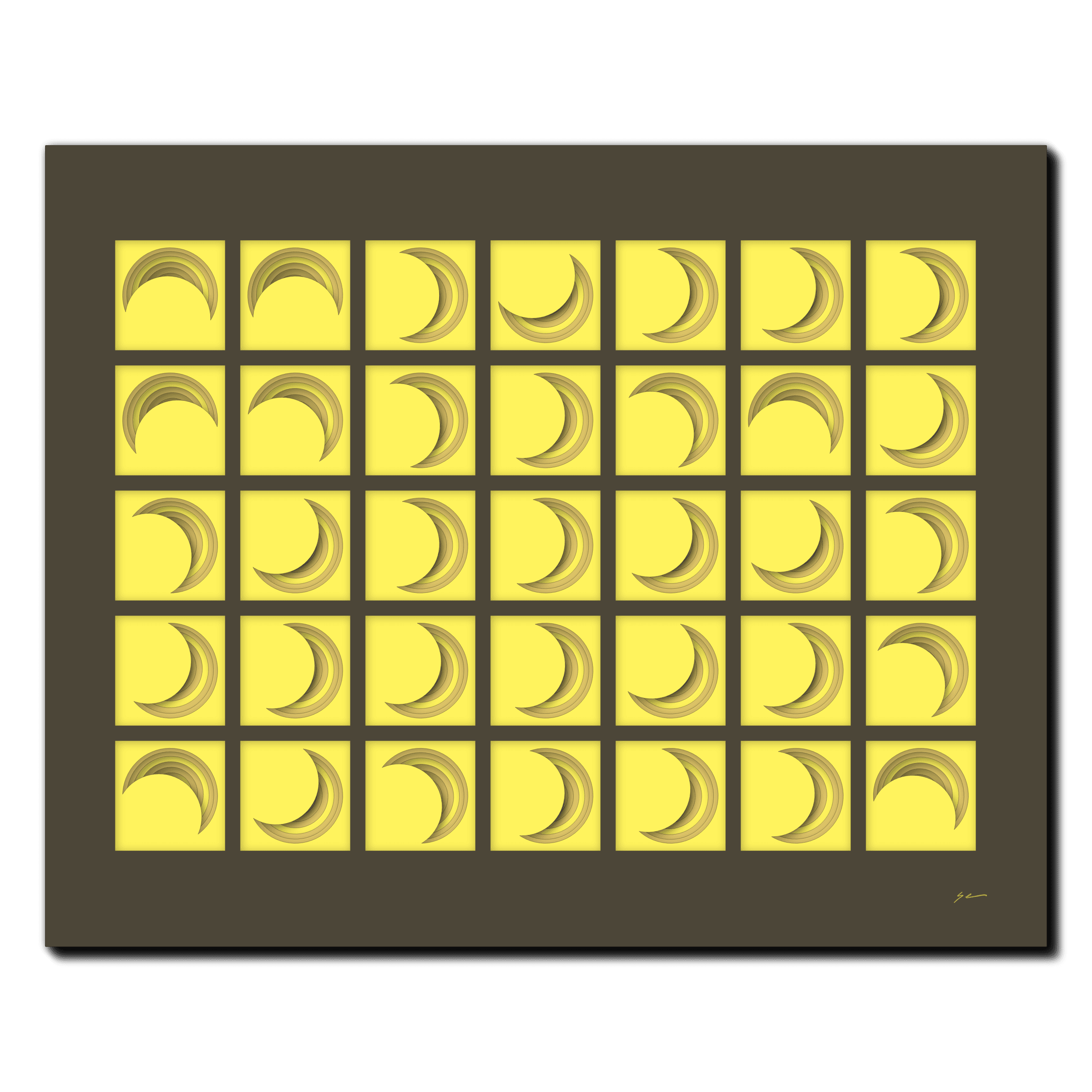 Buttercup Crescent Harmony, laser-cut layered paper wall sculpture by Shawn Kemp, 20x16 in
