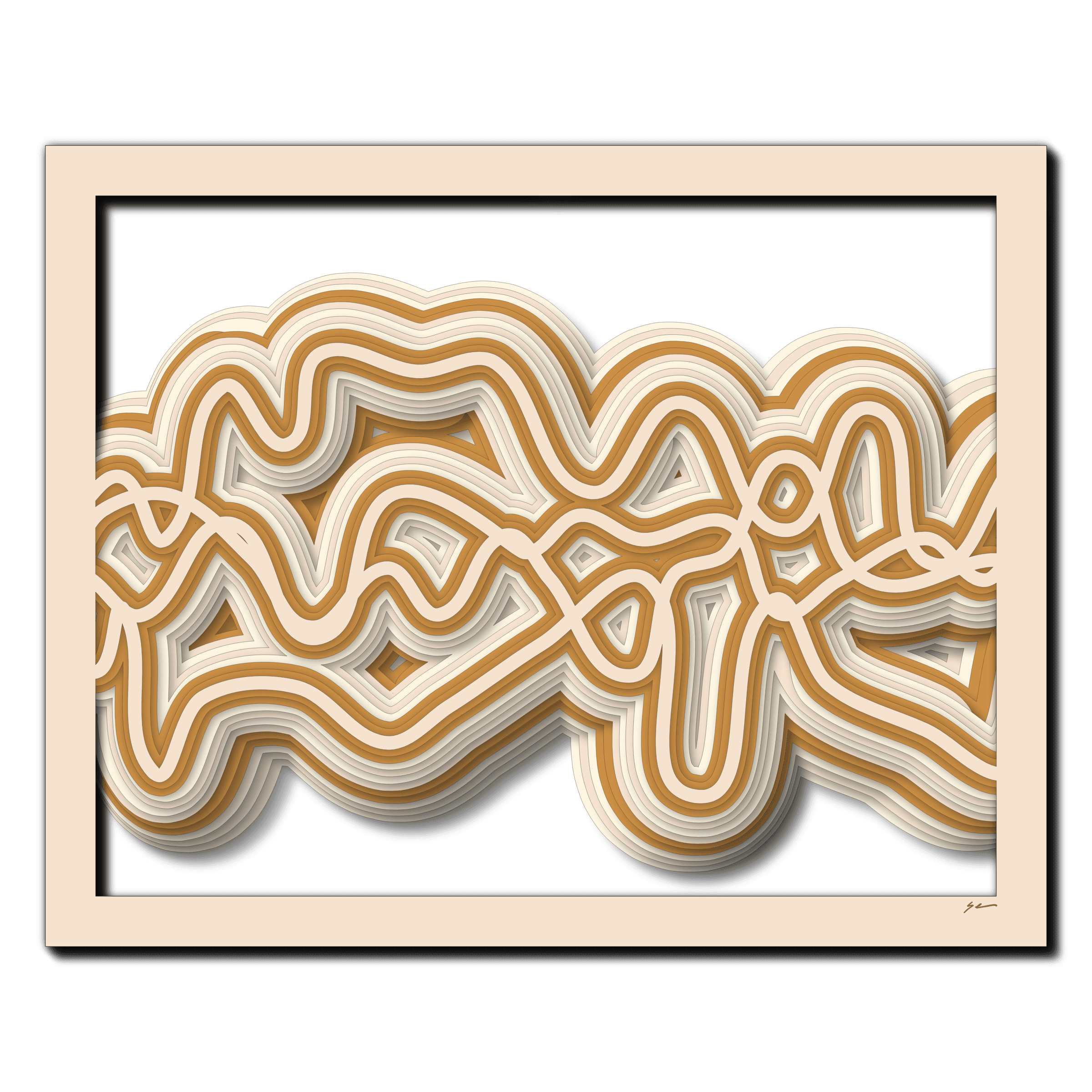 Golden Driftlines, laser-cut layered paper wall sculpture by Shawn Kemp, 20x16 in