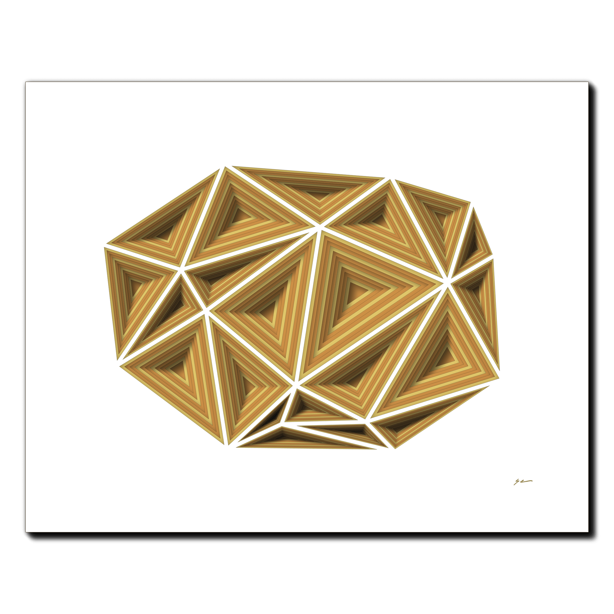 Golden Resonance Array, laser-cut layered paper wall sculpture by Shawn Kemp, 20x16 in