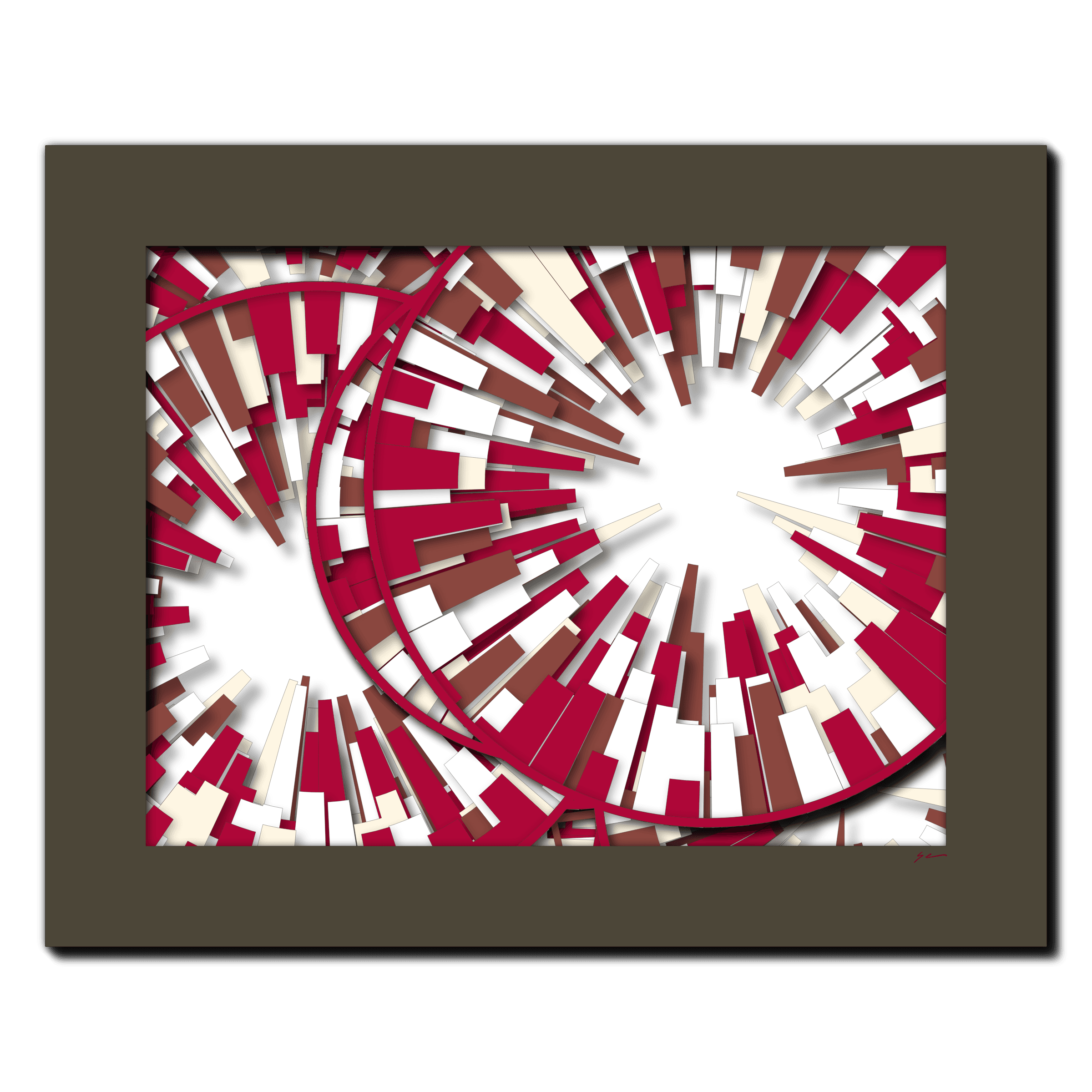 Crimson Burst Array, laser-cut layered paper wall sculpture by Shawn Kemp, 20x16 in