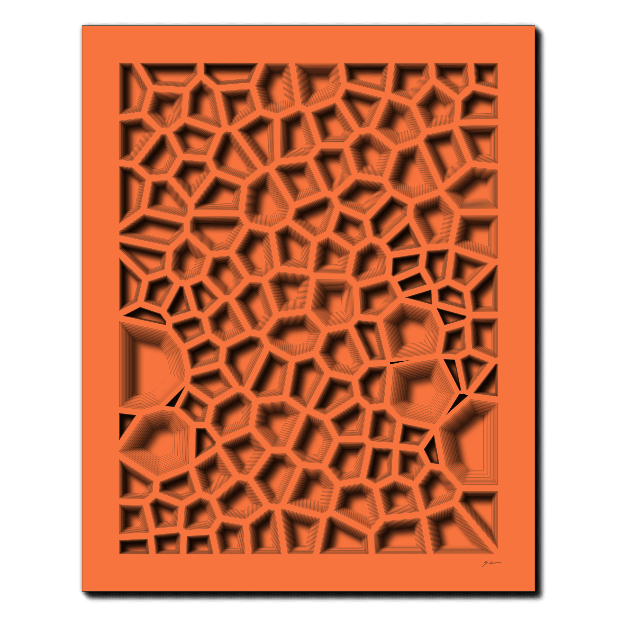 Tangerine Fractal Mosaic, laser-cut layered paper wall sculpture by Shawn Kemp, 16x20 in