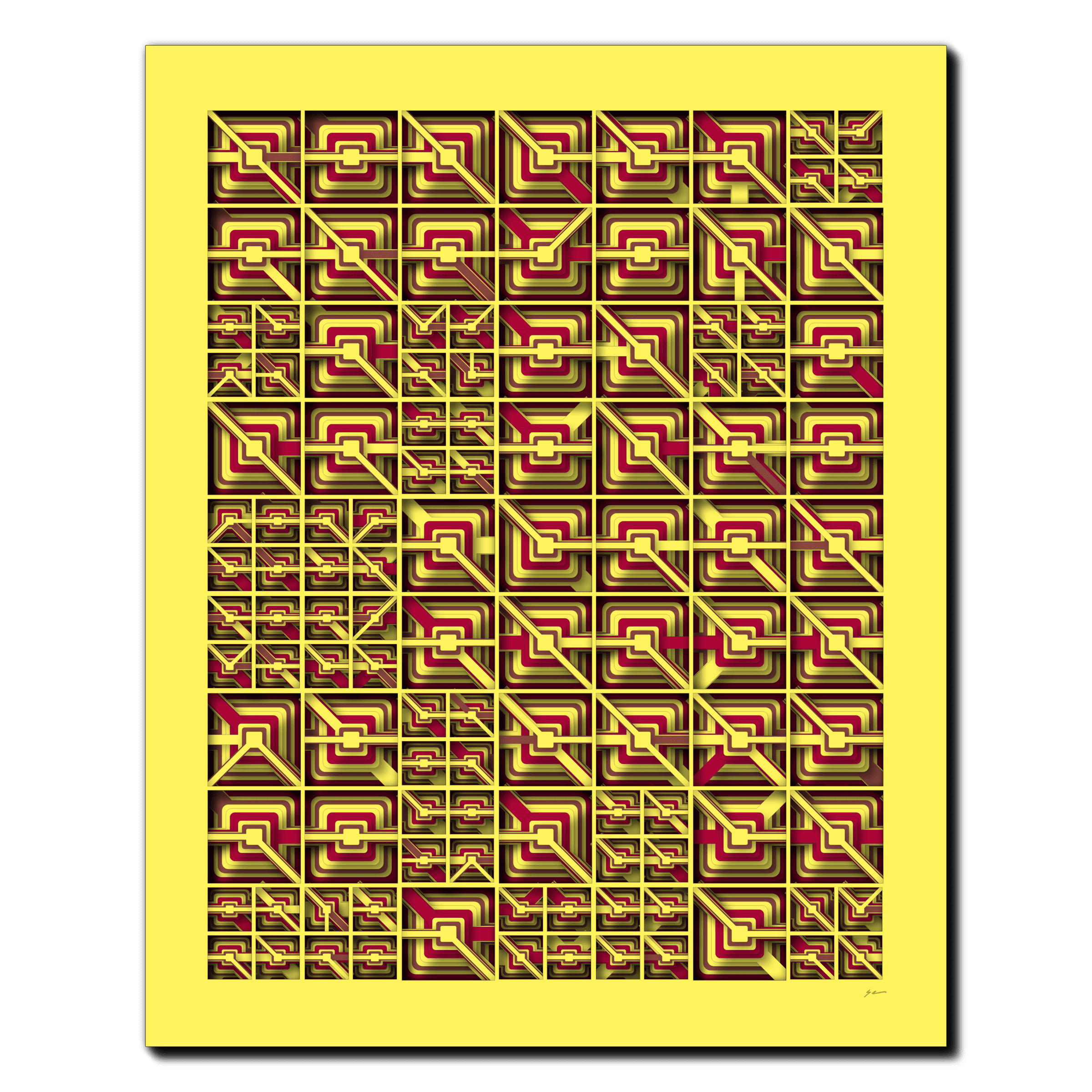 Maze of Echoes, laser-cut layered paper wall sculpture by Shawn Kemp, 24x30 in