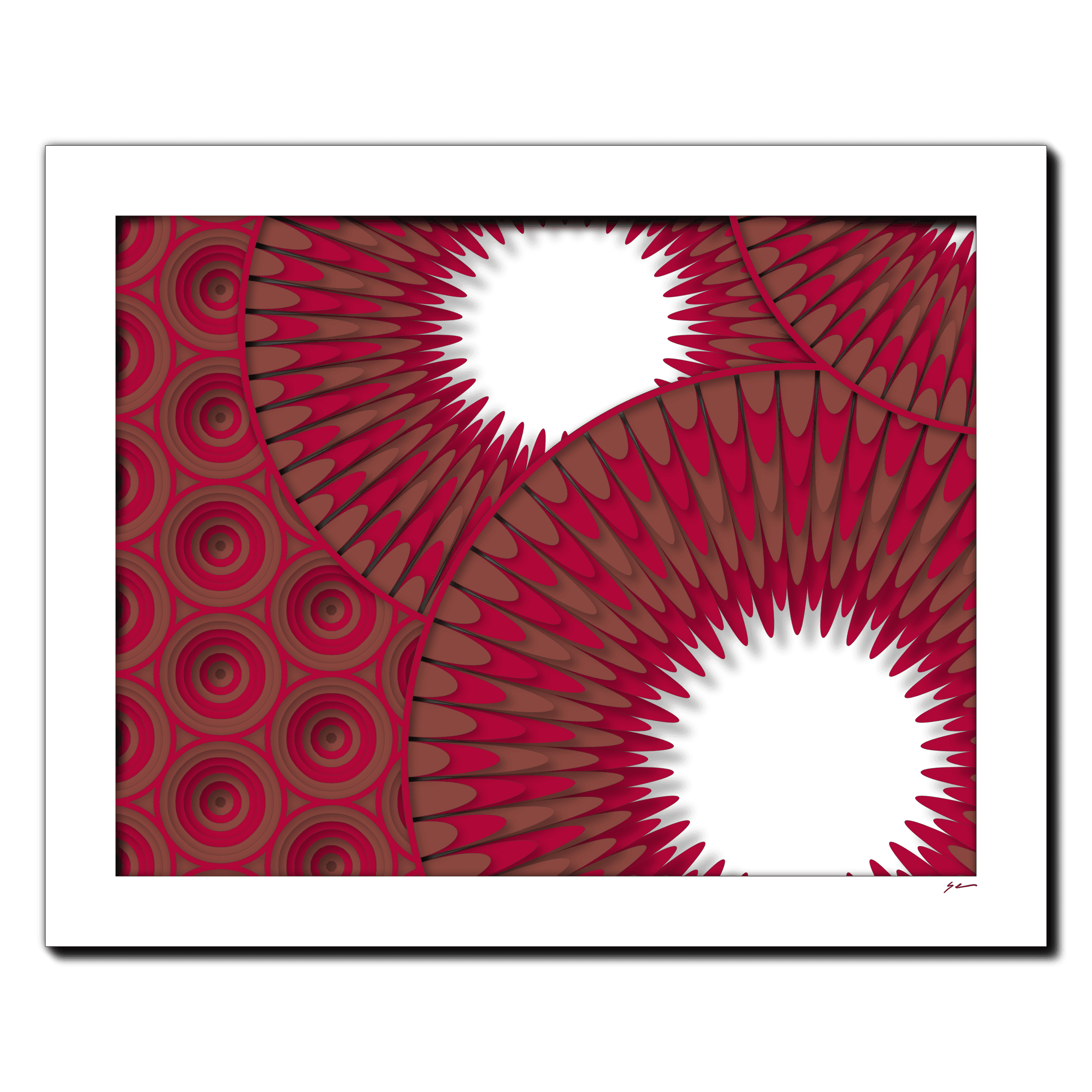 Crimson Dahlia Pulse, laser-cut layered paper wall sculpture by Shawn Kemp, 20x16 in
