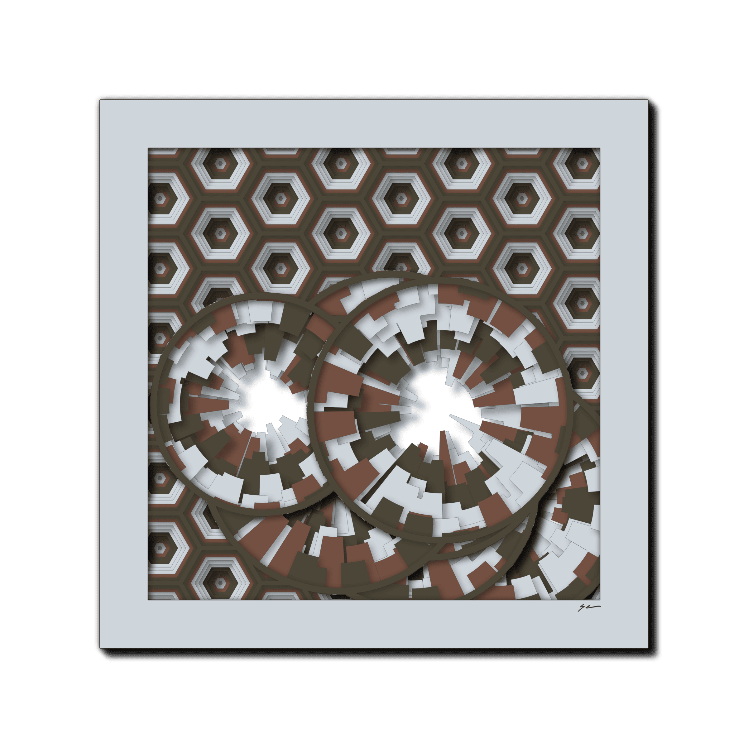 Sepia Prism Kaleidoscope, laser-cut layered paper wall sculpture by Shawn Kemp, 16x16 in