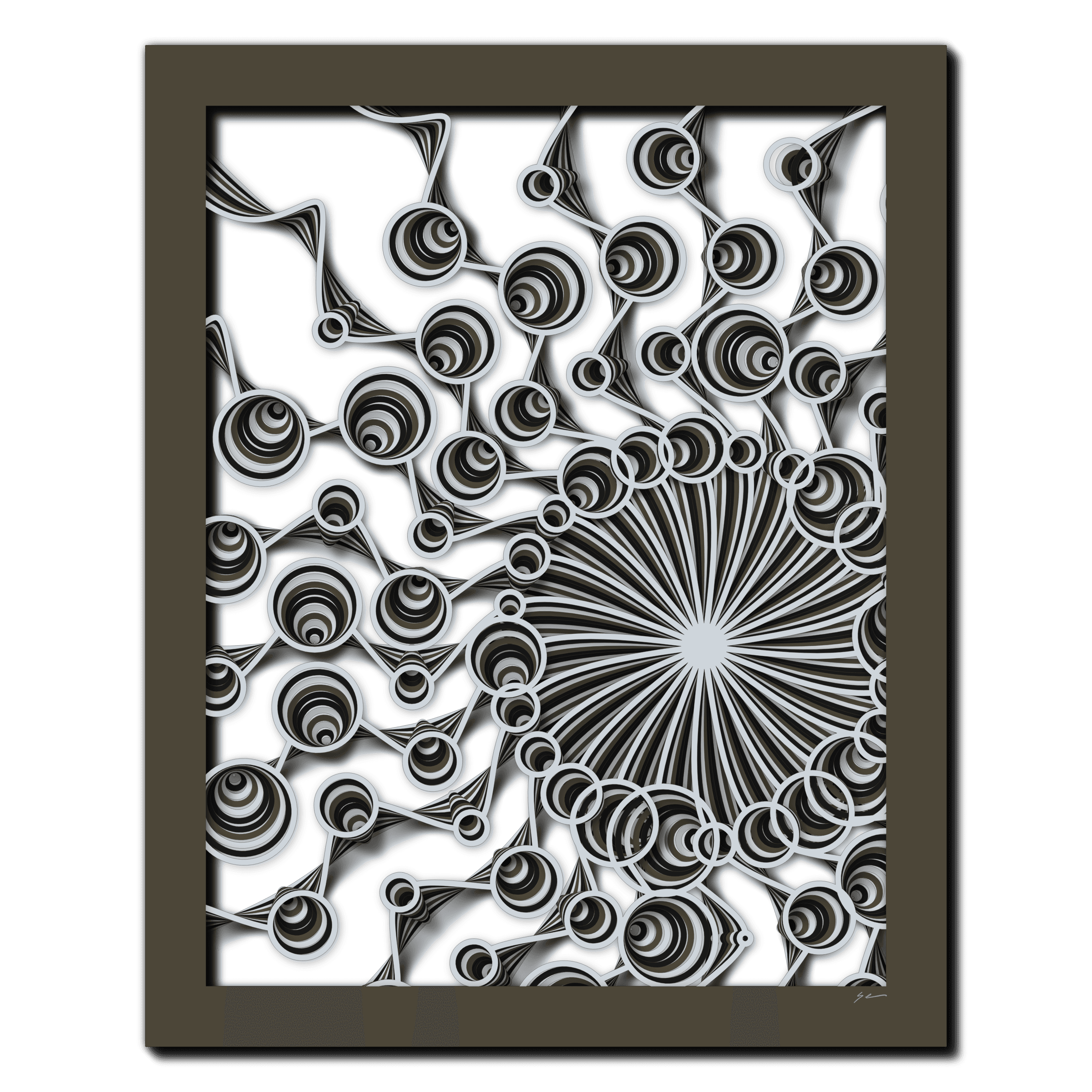 Monochrome Spiral Pulses, laser-cut layered paper wall sculpture by Shawn Kemp, 16x20 in
