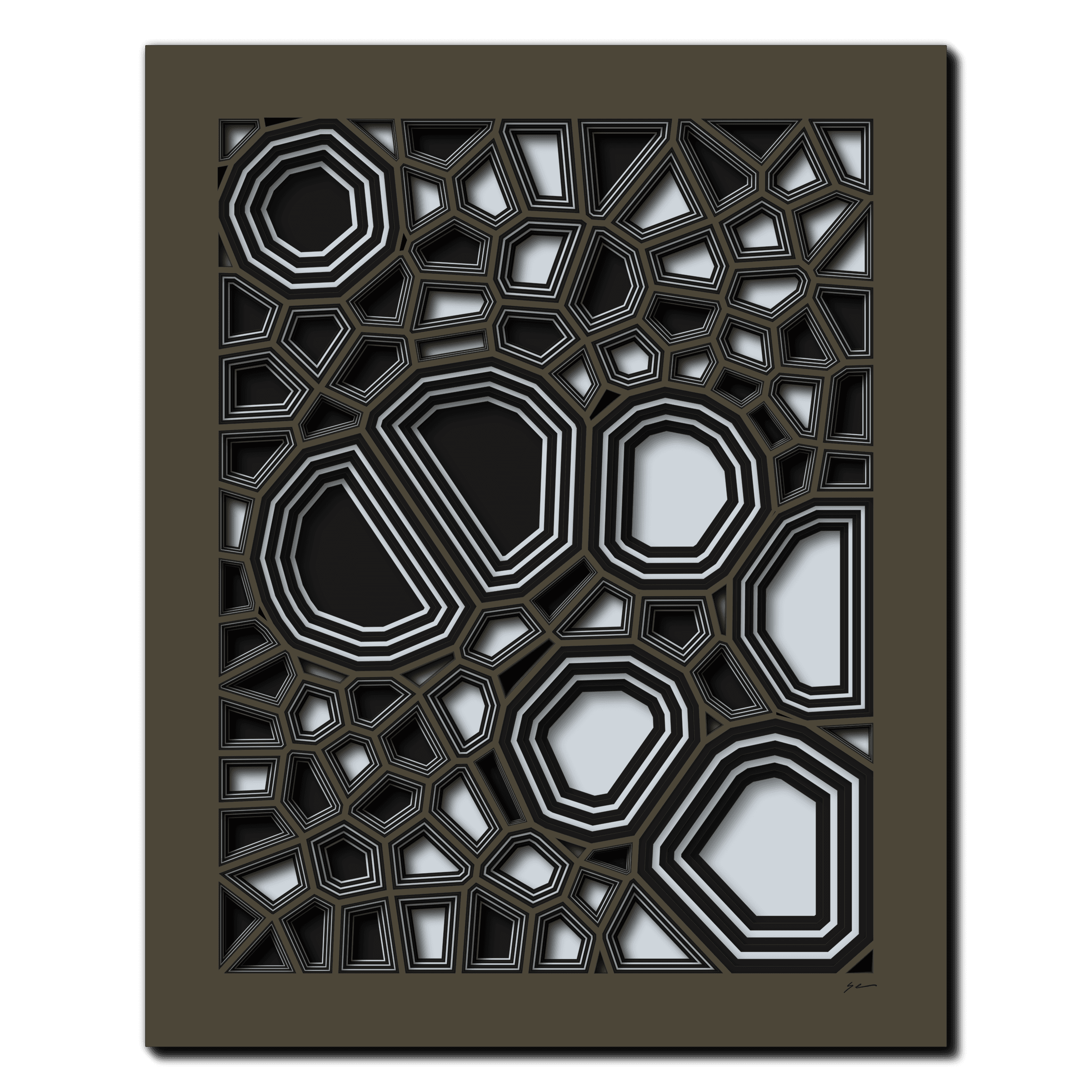 Sepia Fragmentation Windows, laser-cut layered paper wall sculpture by Shawn Kemp, 16x20 in