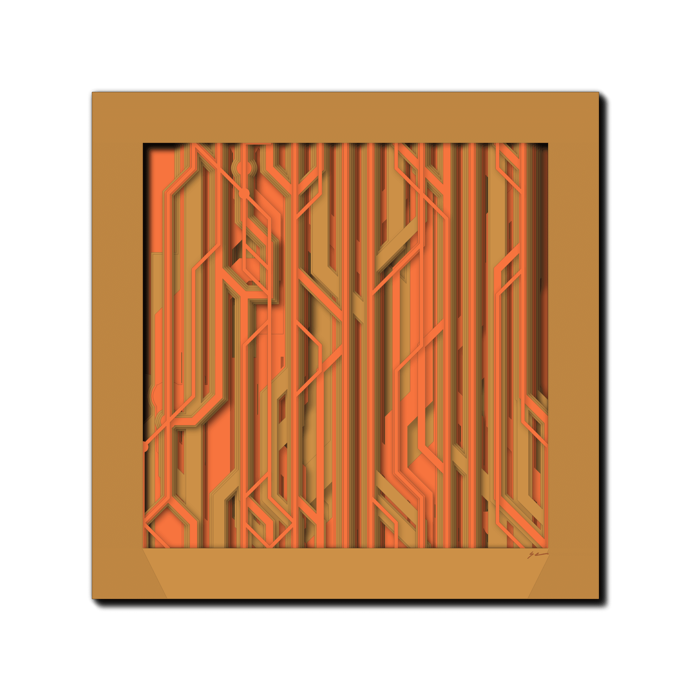 Tangerine Arbor, laser-cut layered paper wall sculpture by Shawn Kemp, 16x16 in